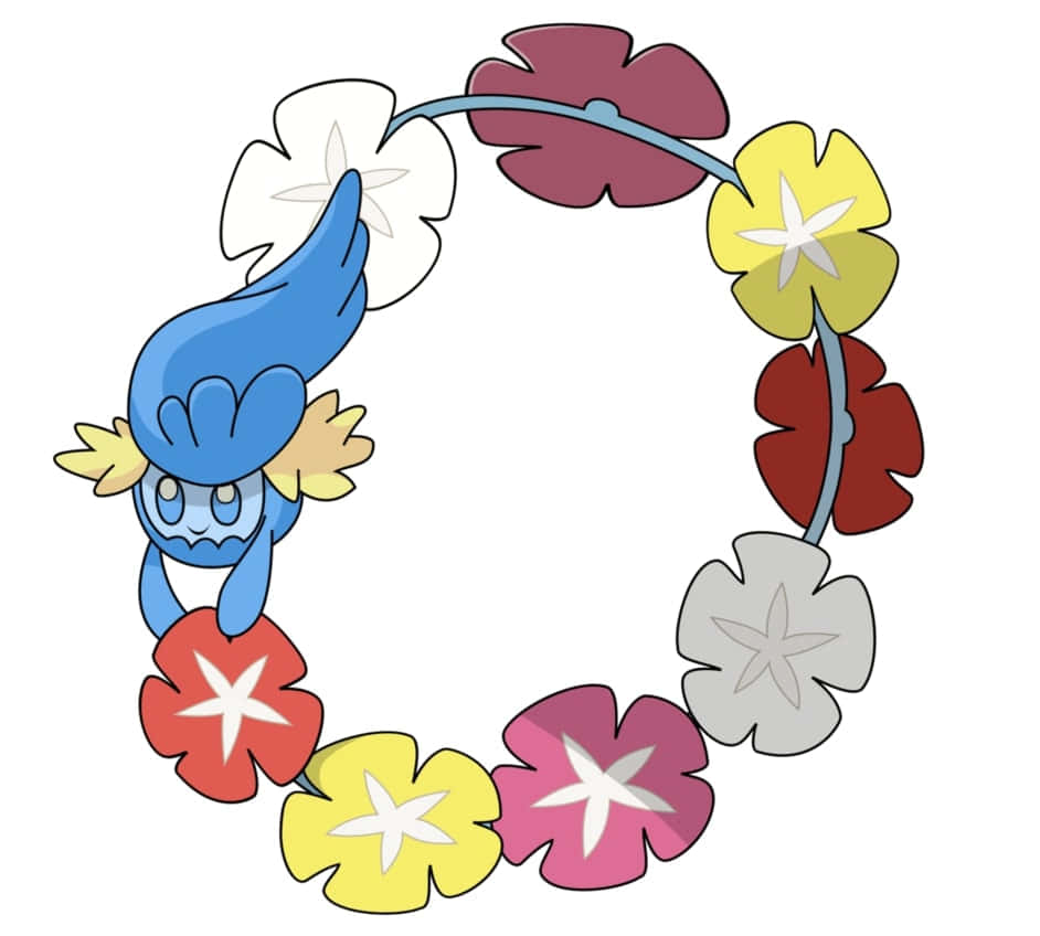 藍色 Comfey 微笑 壁紙 — 一隻藍色卡通比卡超（皮卡丘）帶有黃色毛簇，掛在色彩繽紛的花環上，背景為白色。
