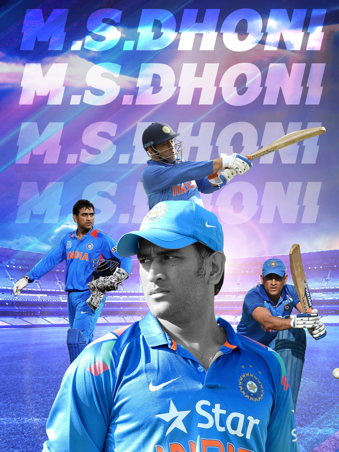 M.S. Dhoni 身穿板球制服，多個動作姿勢和發光文字背景。