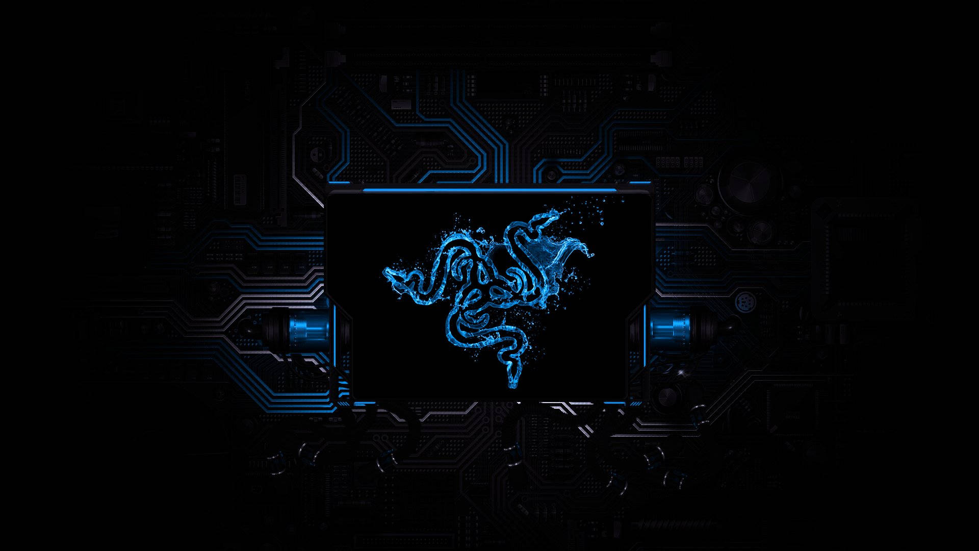 藍色 Razer PC 標誌 CPU 壁紙 — 一個發光的藍色Razer標誌在嵌入黑暗電路板的屏幕上脈動，帶有複雜的霓虹路徑。