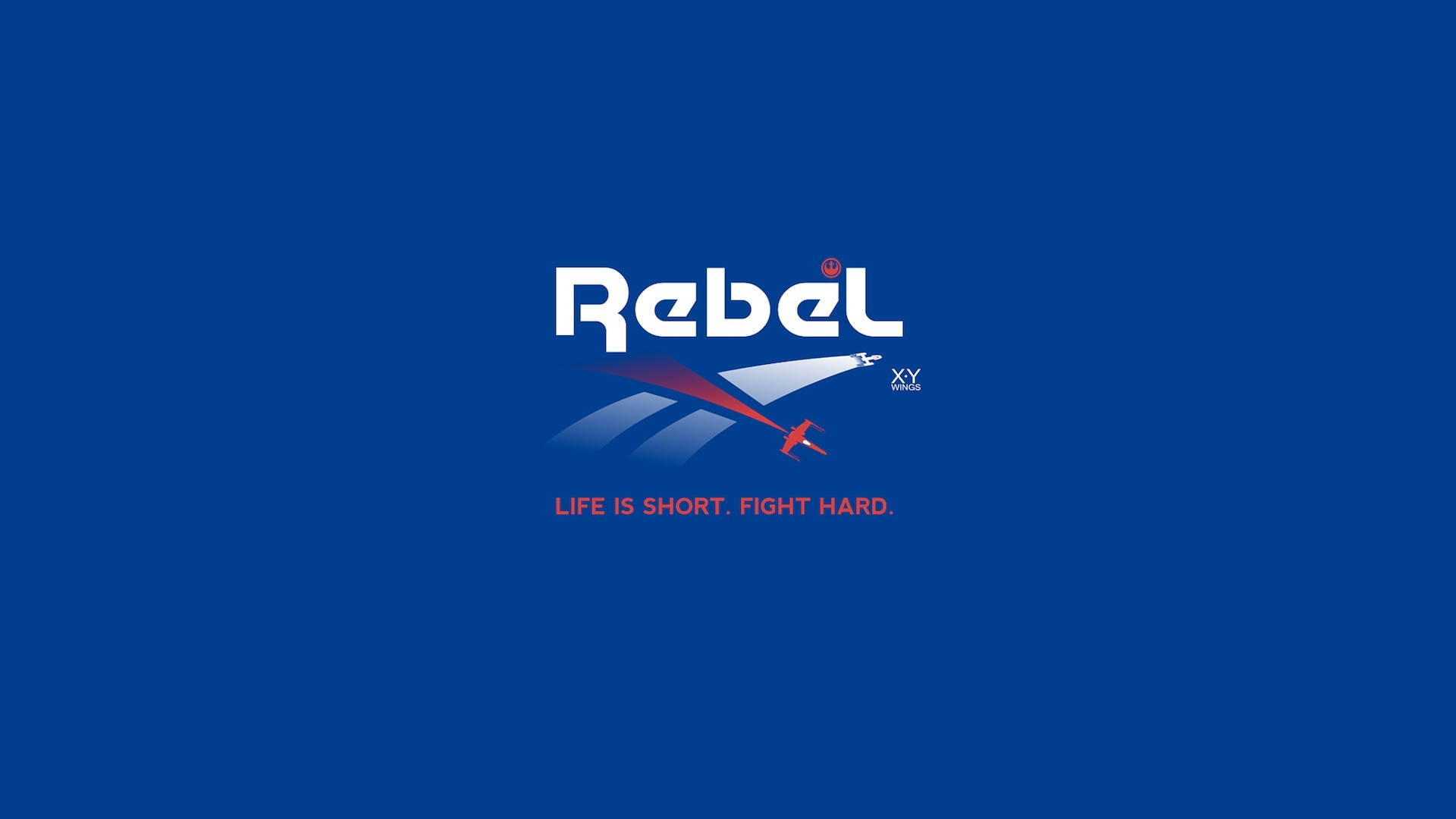 在藍色背景上帶有飛機圖形和標語的Rebel品牌標誌。