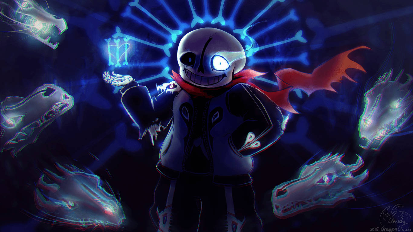 藍色 Sans 數位插畫 壁紙 — 一個發光的骷髏動漫角色，戴著紅色圍巾，揮舞著藍色能量武器，被漂浮的龍頭包圍在深藍色的虛空中。