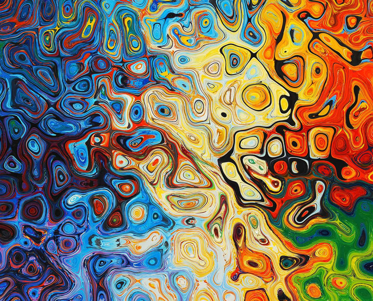 Mix Color 桌布 壁紙 — 藍色、橙色、黃色和綠色的鮮豔抽象漩渦以有機圖案在畫布上流動。