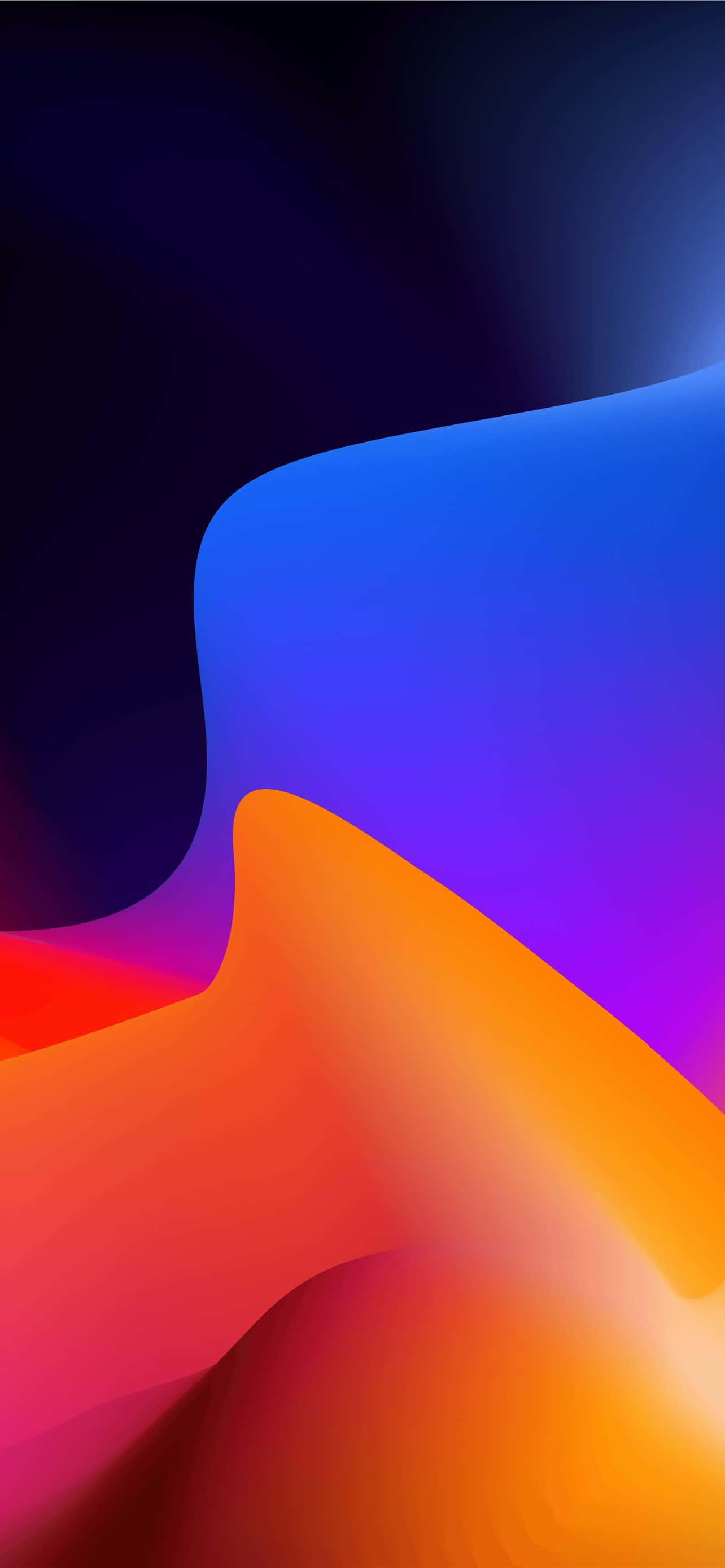 Xiaomi 桌布 壁紙 — 藍色、紫色、橙色和紅色的鮮豔抽象波浪在深色背景上平滑融合。