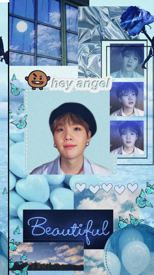 年輕男子與藍色蝴蝶和天空雲朵的拼貼，帶有文字「hey angel」和「beautiful」。