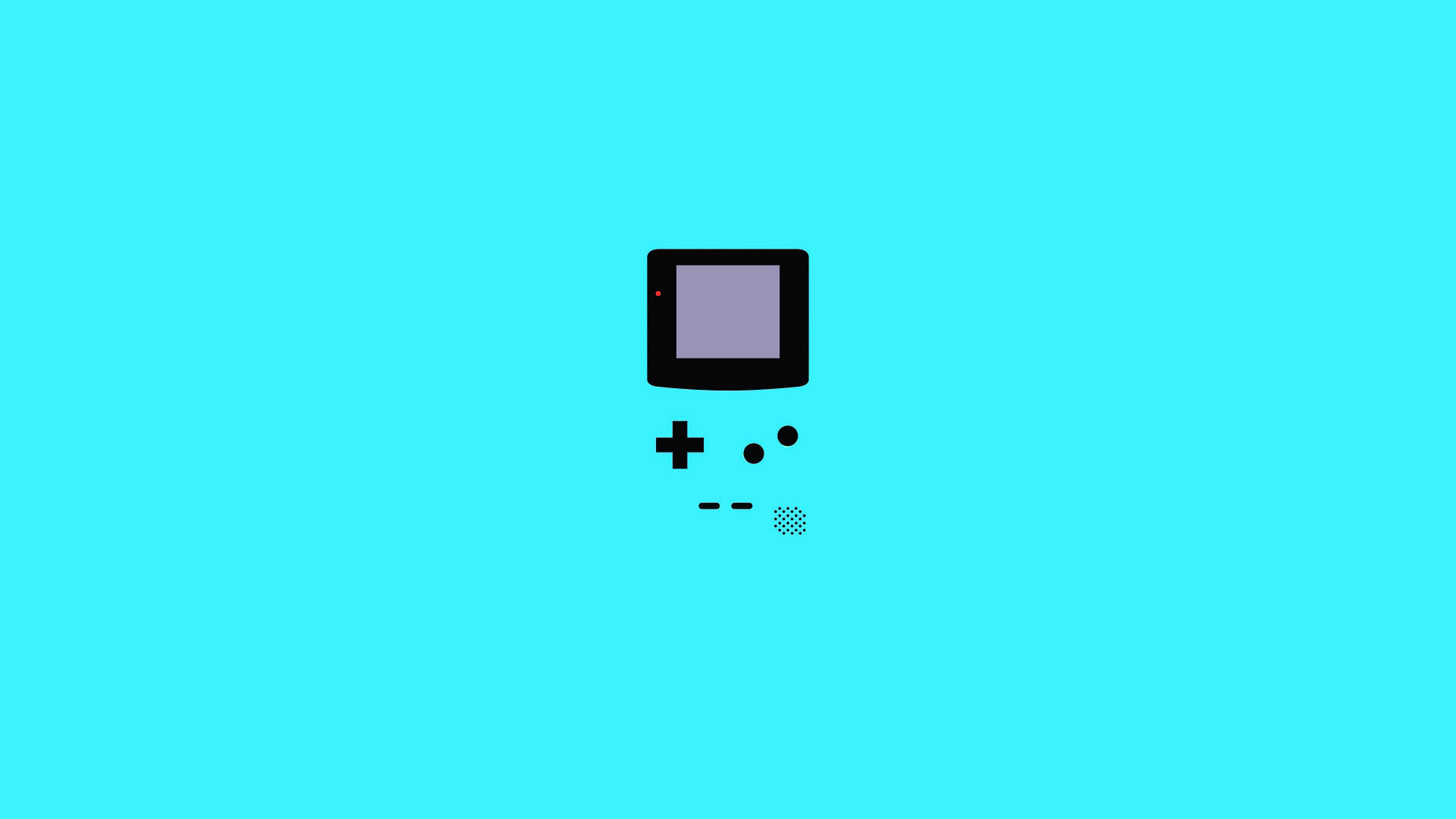 藍色Game Boy Color的復古遊戲懷舊風 壁紙 — 一個極簡黑色Game Boy圖示，居中於鮮豔的青色背景上。