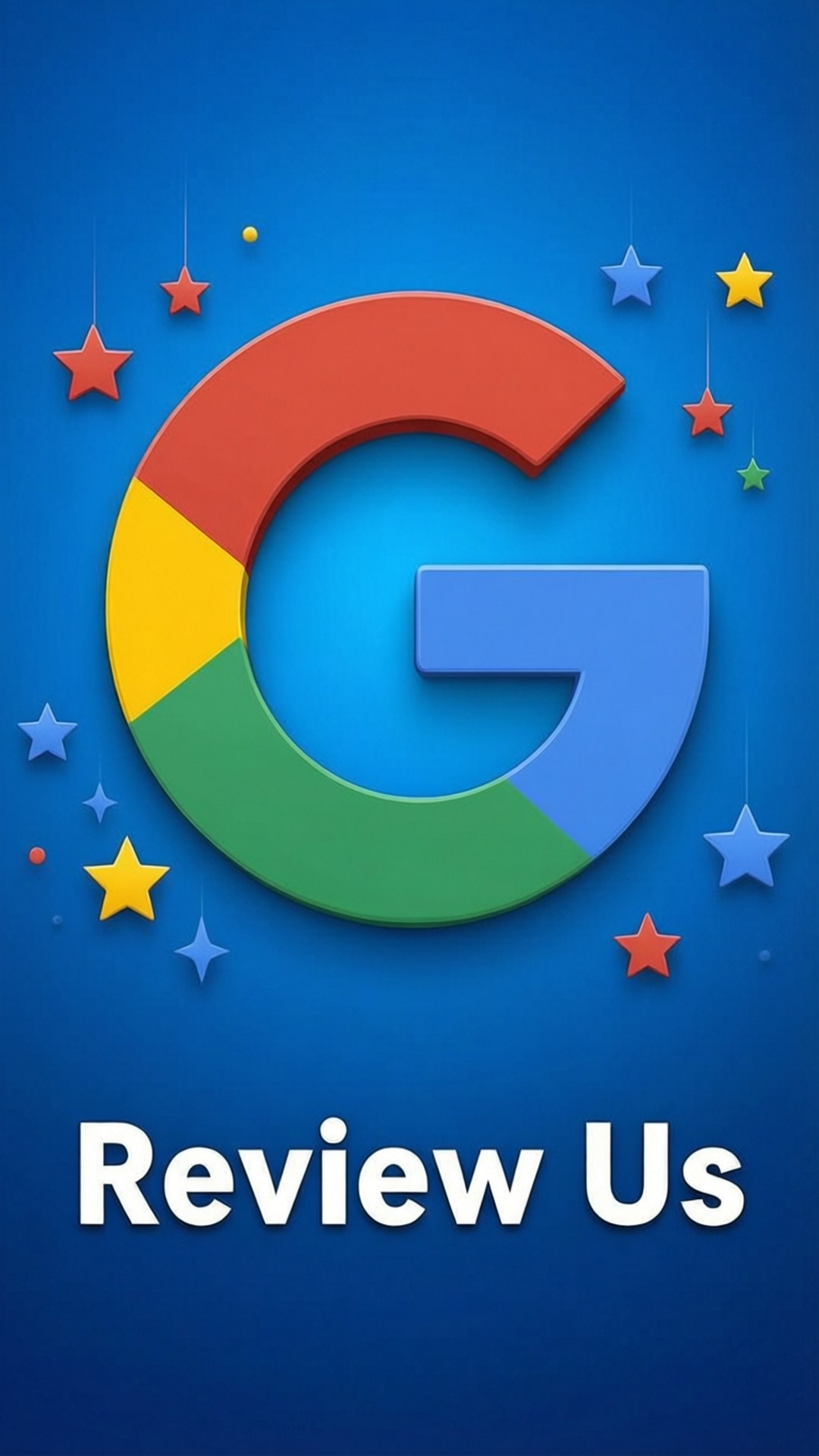 藍色Google評分氛圍 壁紙 — 一個充滿活力的3D Google標誌，帶有紅色、黃色、綠色和藍色部分，周圍環繞著彩色星星，背景為藍色，白色文字寫著review us。