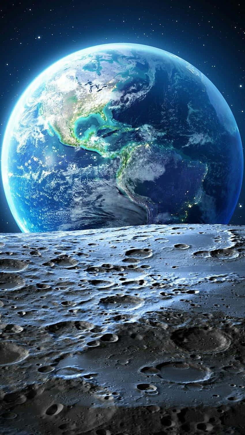 從月球表面看到的地球，天空中有星星。