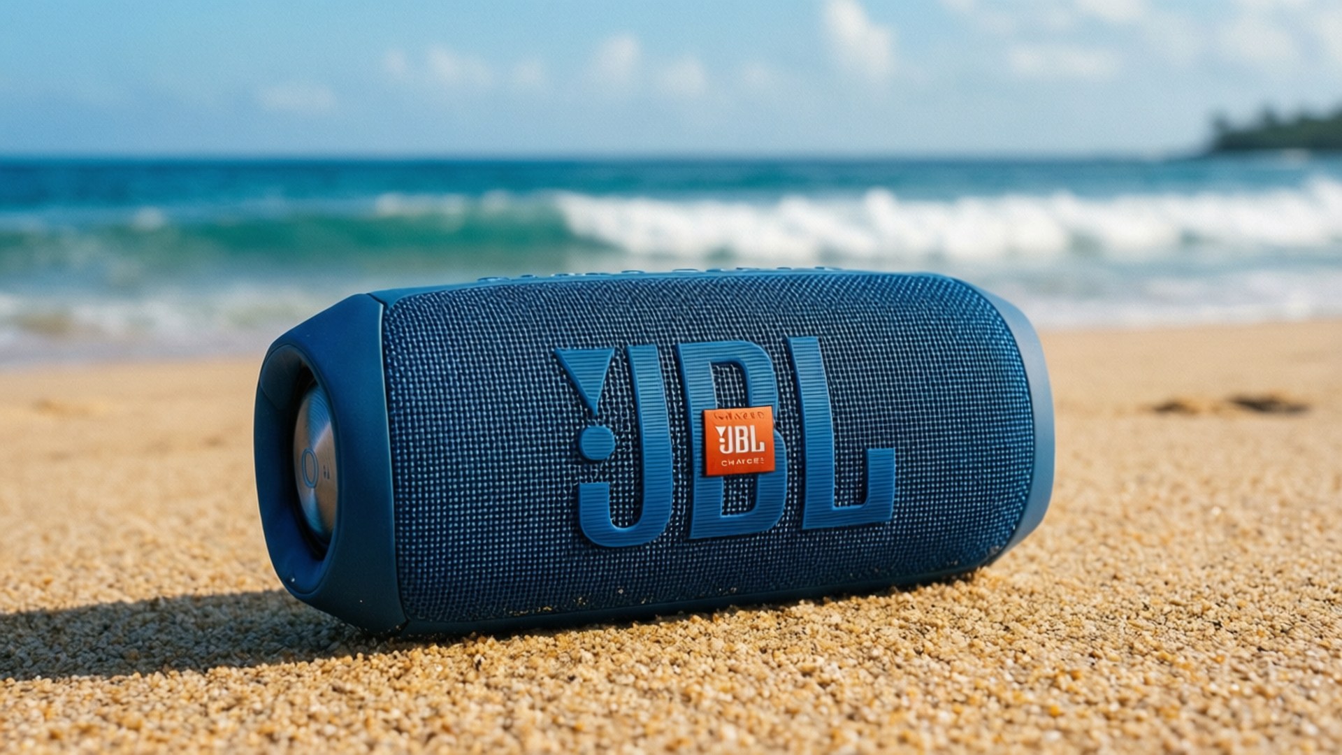 藍色JBL Charge 5海灘風 壁紙 — 一個藍色JBL Charge 5便攜式揚聲器放在金色沙灘上，背後有海浪在晴朗的天空下拍打。