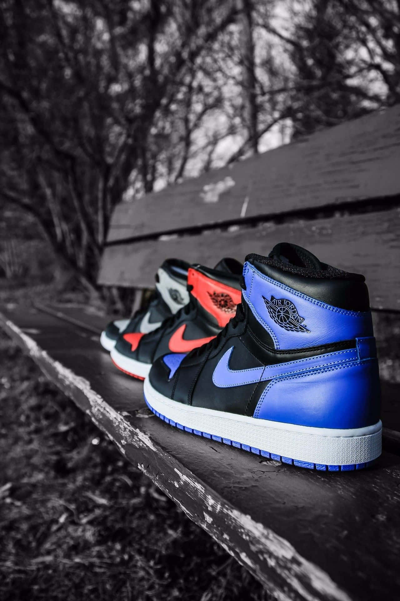 藍色Jordan Air Force One配色 壁紙 — 三雙色彩鮮豔的 Air Jordan 運動鞋（藍色、紅色和灰色）放在一張飽經風霜的木長椅上，背景是單色森林。