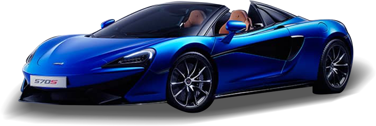 藍色McLaren 570S Spider 壁紙 — 一輛時尚的藍色McLaren 570S跑車，帶有黑色飾邊和棕褐色內飾，在深色漸變背景上以側面展示。