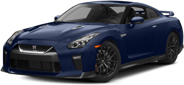 藍色Nissan GT-R R35側面視圖 壁紙 — 一輛時尚的藍色日產GT-R跑車，帶有黑色飾邊和侵略性造型，在工作室燈光下展示。