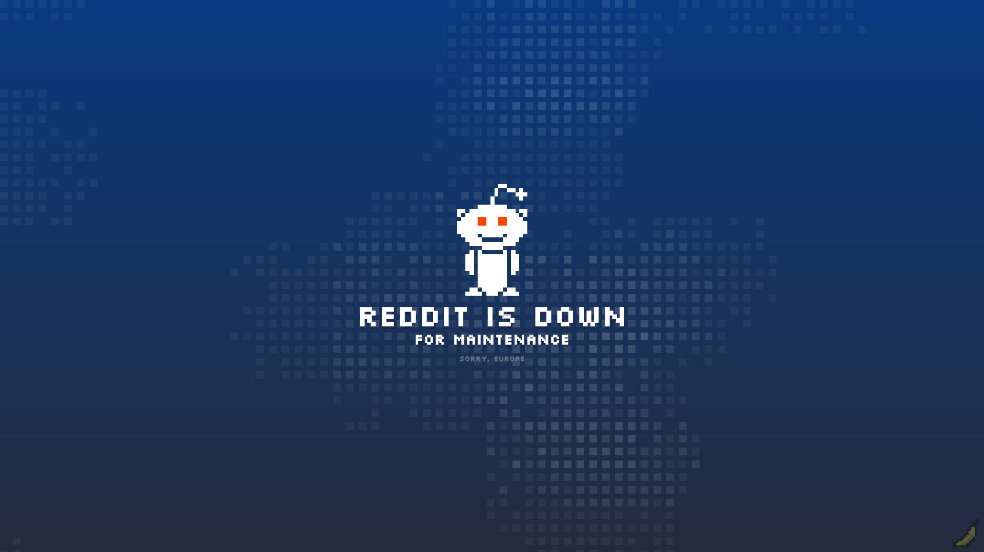像素藝術 Reddit 吉祥物在藍色漸變背景上，帶有維護訊息。