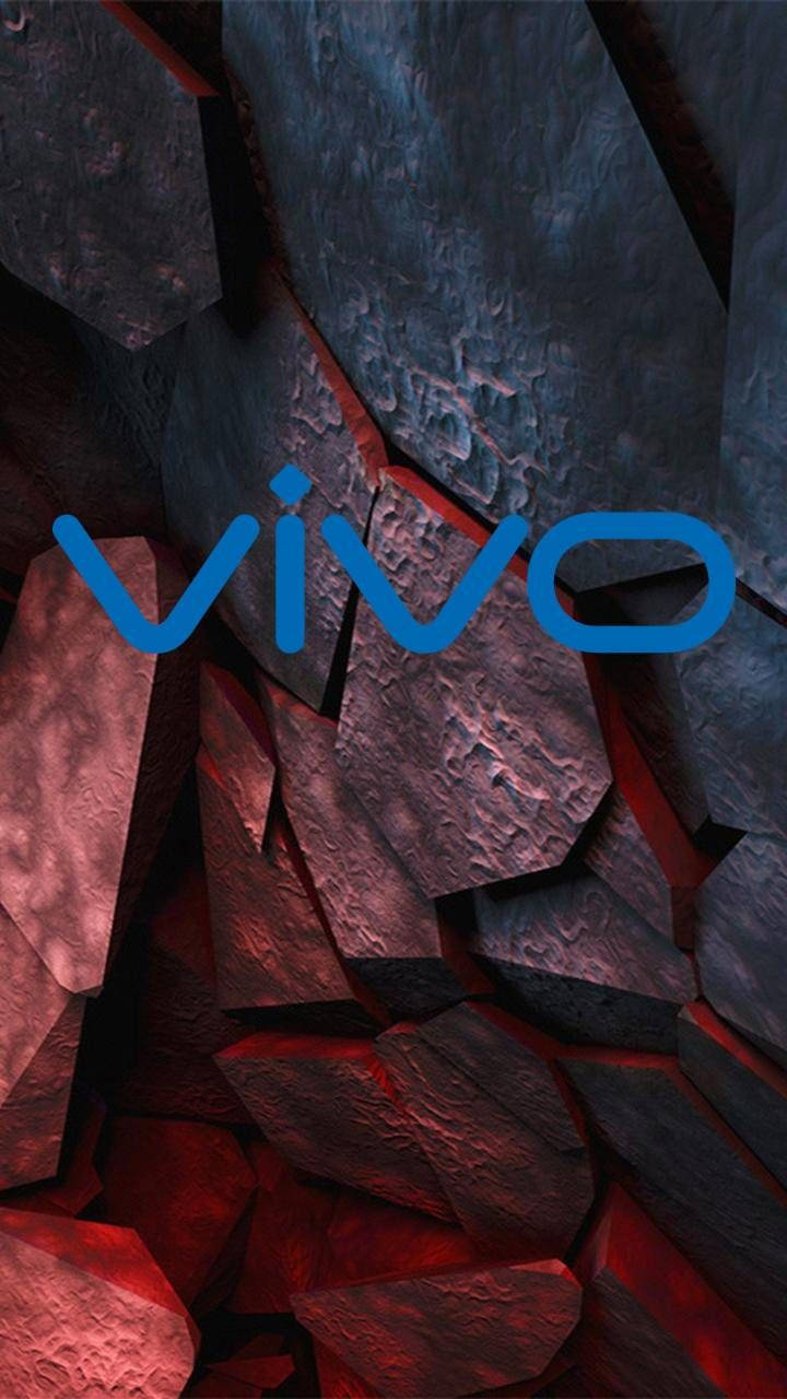 vivo標誌在裂開的紅色和深藍色石紋上發出藍光。