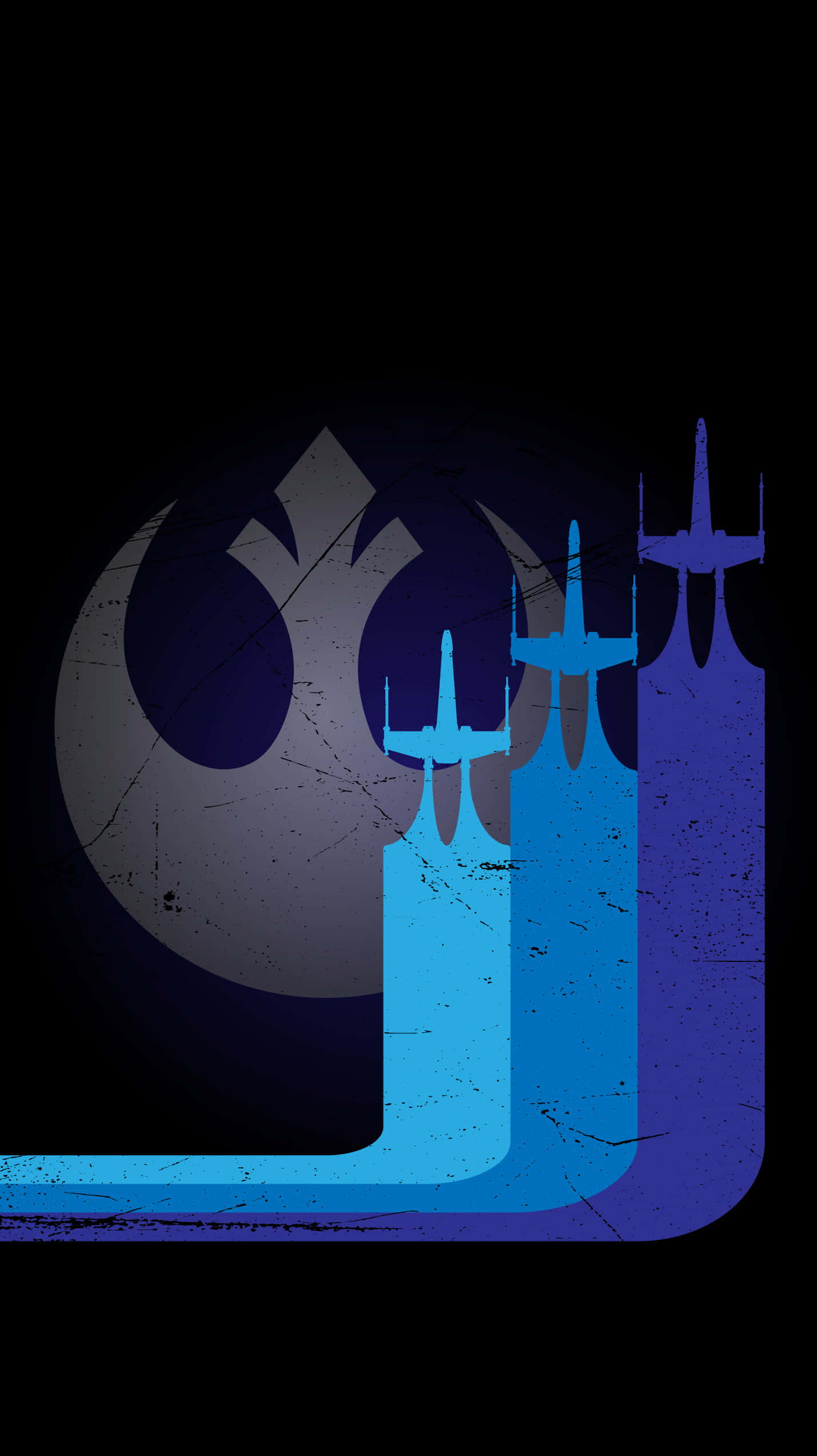 X-wing Fighter 桌布 壁紙 — 藍色X翼戰機剪影在黑暗背景上，對著破裂嘅反抗軍同盟標誌翱翔。