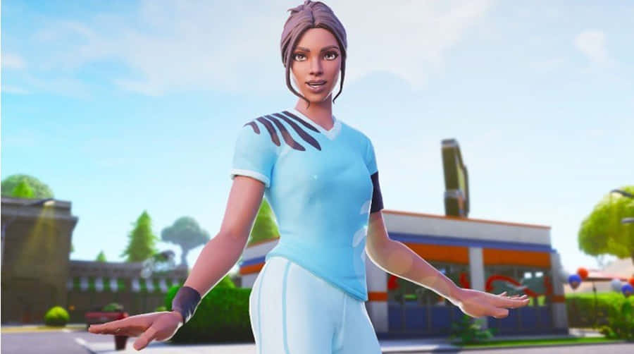 穿著藍色運動服的Fortnite角色在戶外張開雙臂站立。