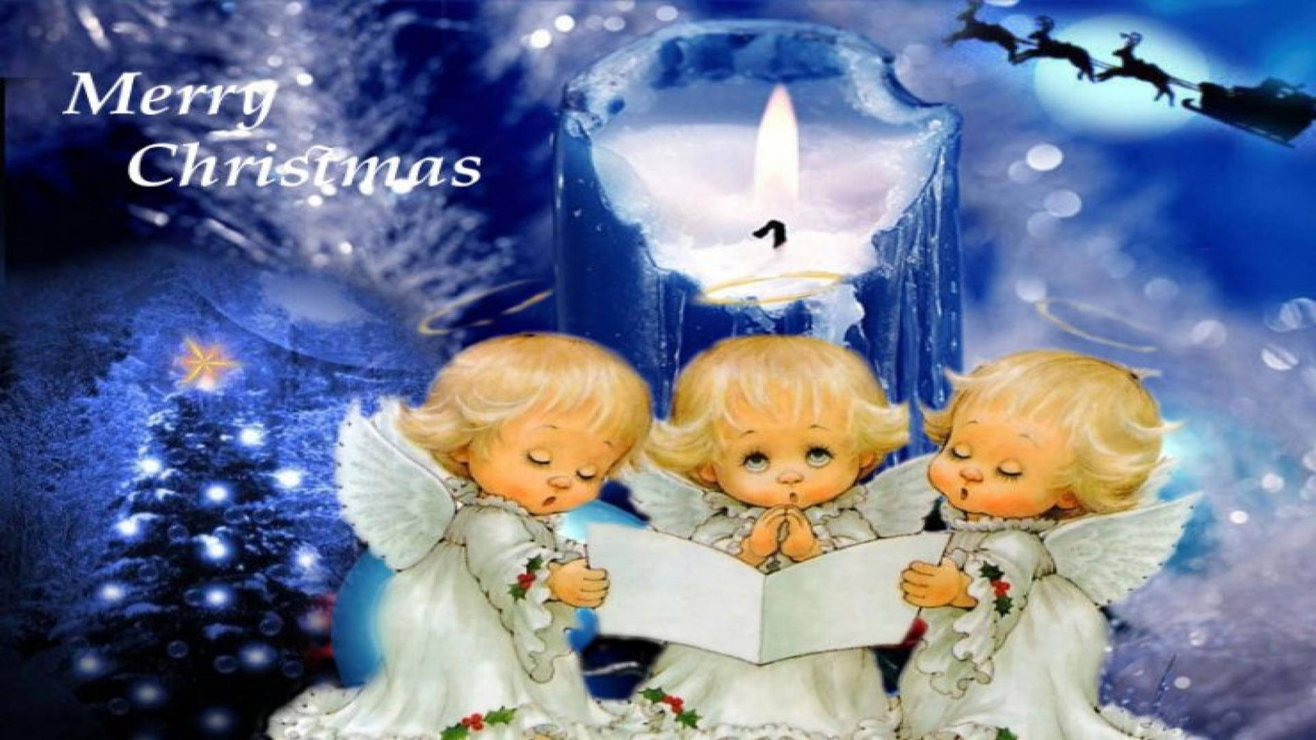 三個天使小孩在雪白的聖誕夜裡，在蠟燭旁唱聖誕歌，聖誕老人從上空飛過。