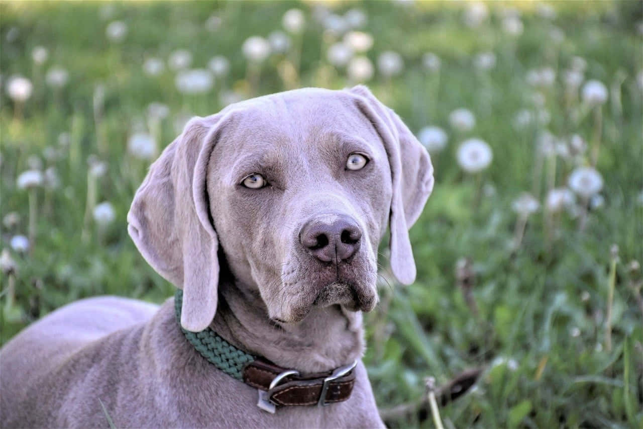 灰色威瑪獵犬在蒲公英花叢中，戴著綠色和棕色的項圈。