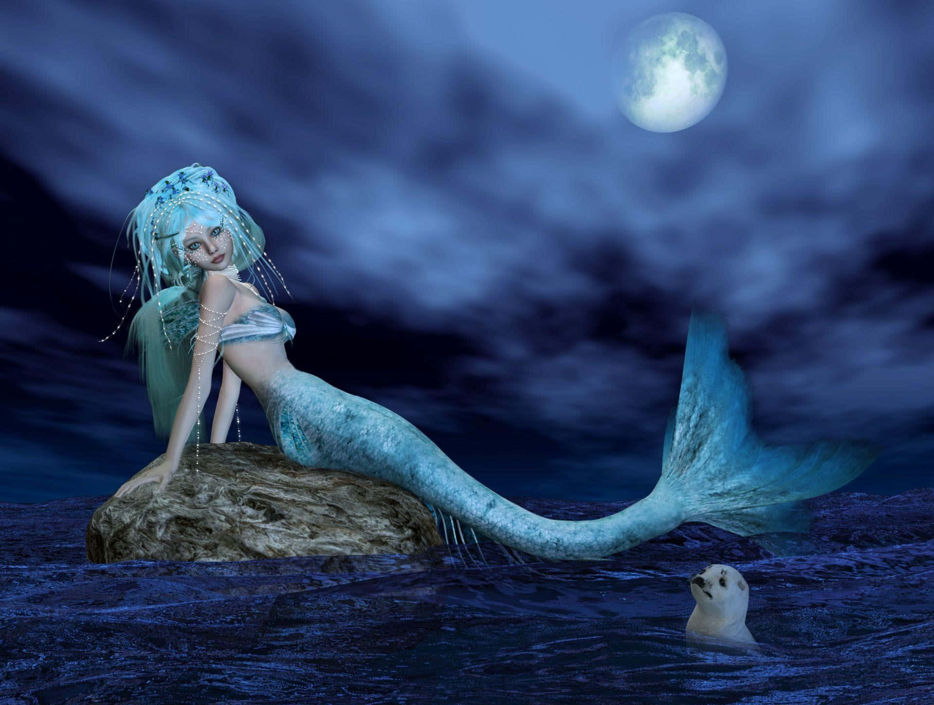 一位藍髮美人魚在夜晚坐在岩石上，與水中的海豹一起在滿月下。
