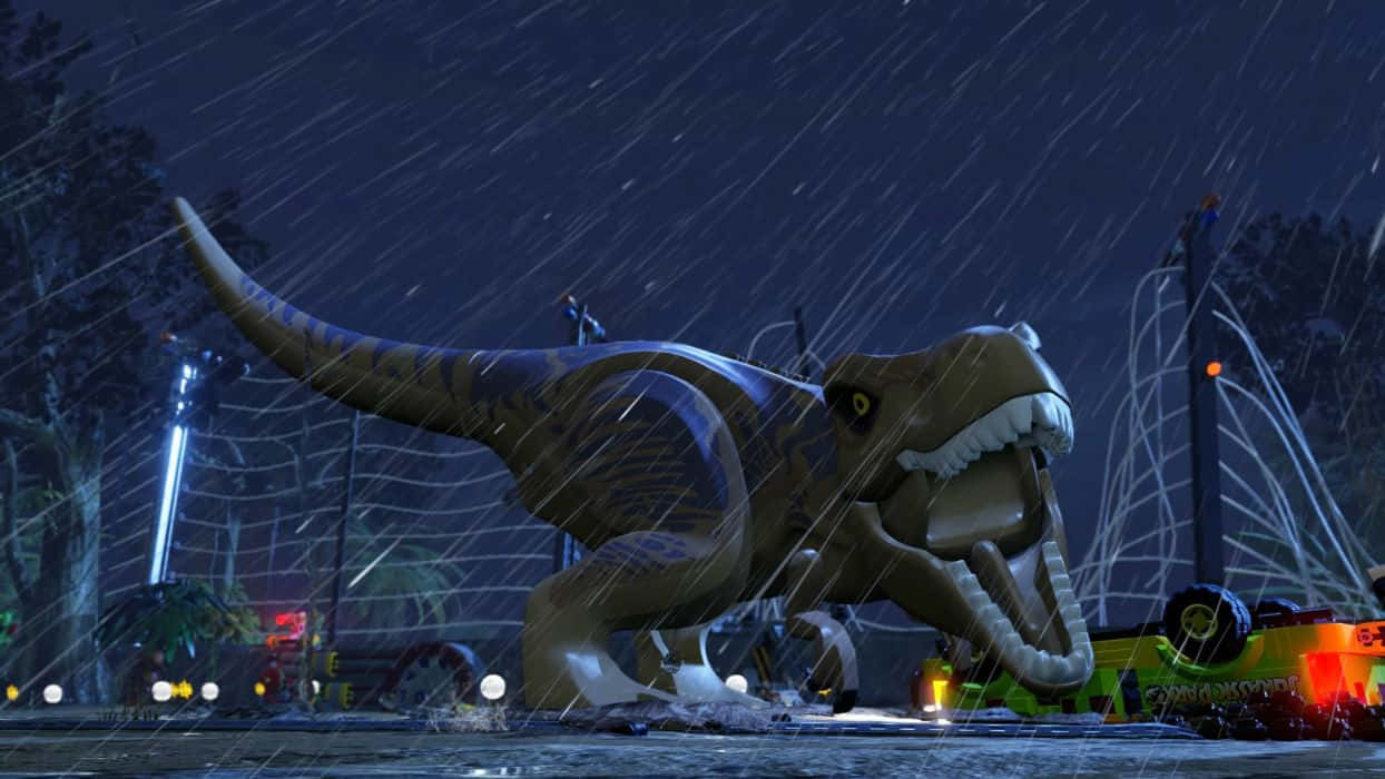 藍色侏羅紀世界3D玩具風格 壁紙 — 一隻巨大的 LEGO T-Rex 在霓虹燈下於暴雨中咆哮，夜晚的混亂城市場景。