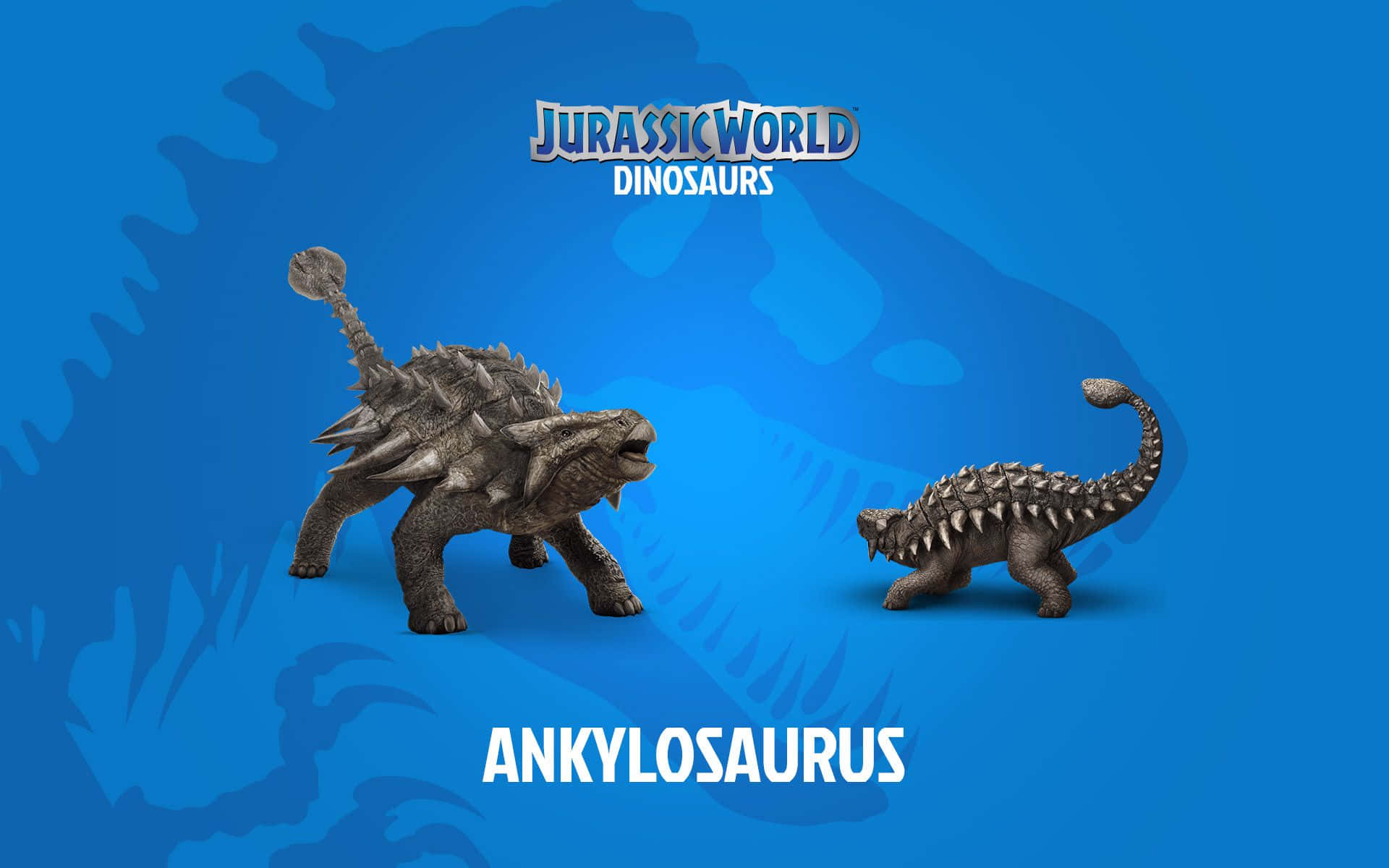 藍色侏羅紀世界ankylosaurus 壁紙 — 兩個詳細的甲龍模型站在帶有 Jurassic World 品牌的鮮豔藍色背景前。