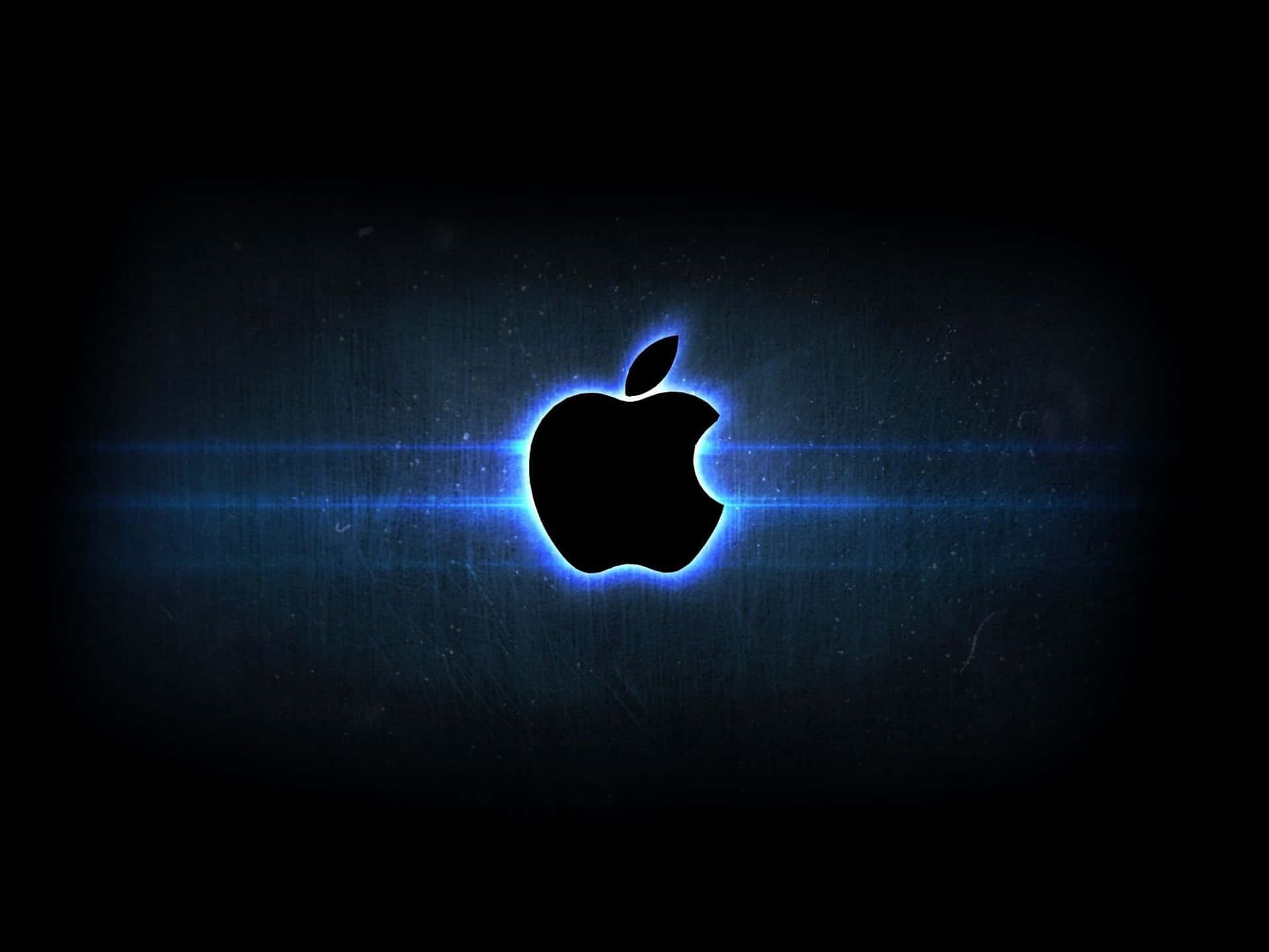 發光的藍色Apple標誌，在深色紋理背景上帶有鏡頭光暈