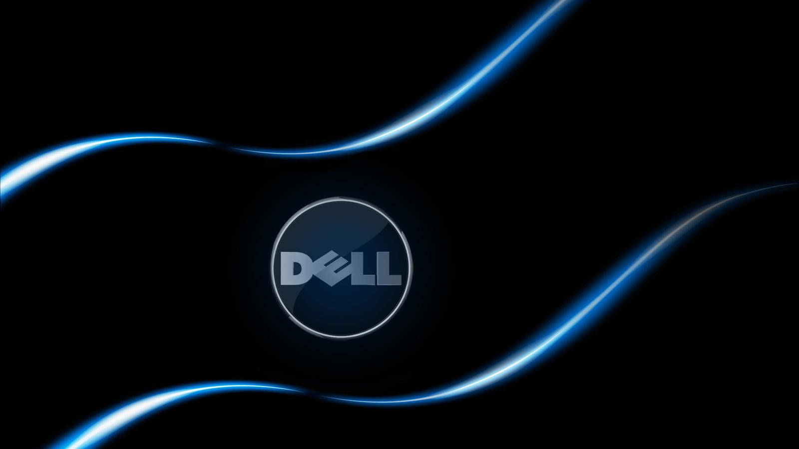 藍色光束與戴爾HD標誌 壁紙 — Dell 標誌居中於黑色背景上，帶有發光的藍色曲線環繞流動。