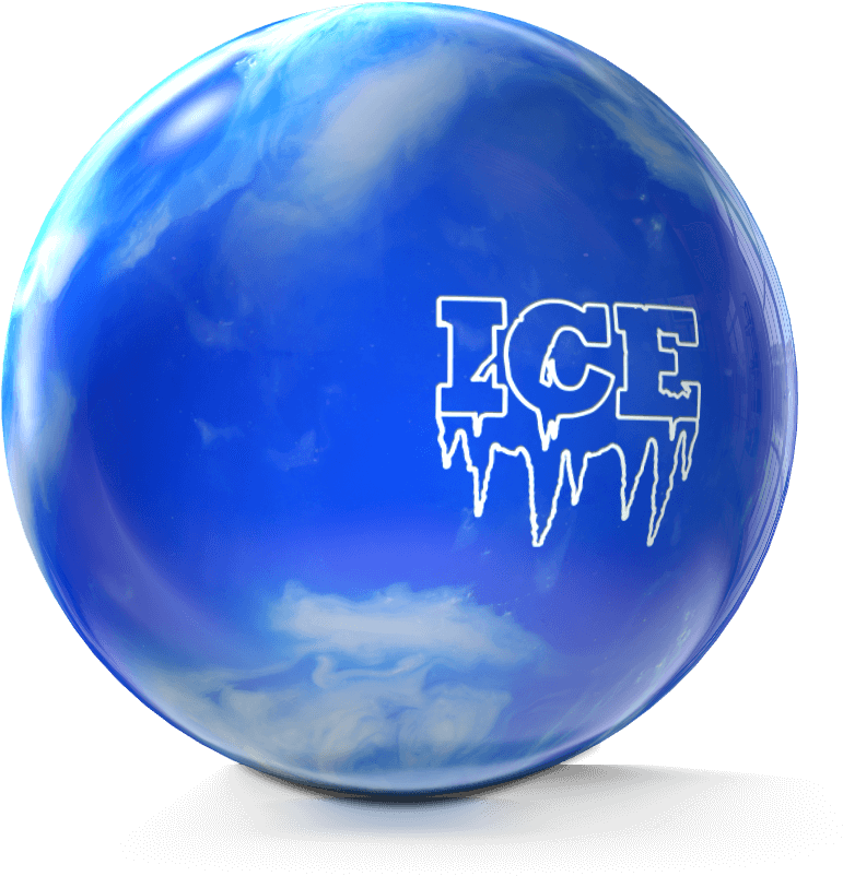 藍色冰球 壁紙 — 一個帶有雲紋漩渦和白色「ICE」標誌（如霜般滴落）的光澤藍色保齡球，背景為黑色。