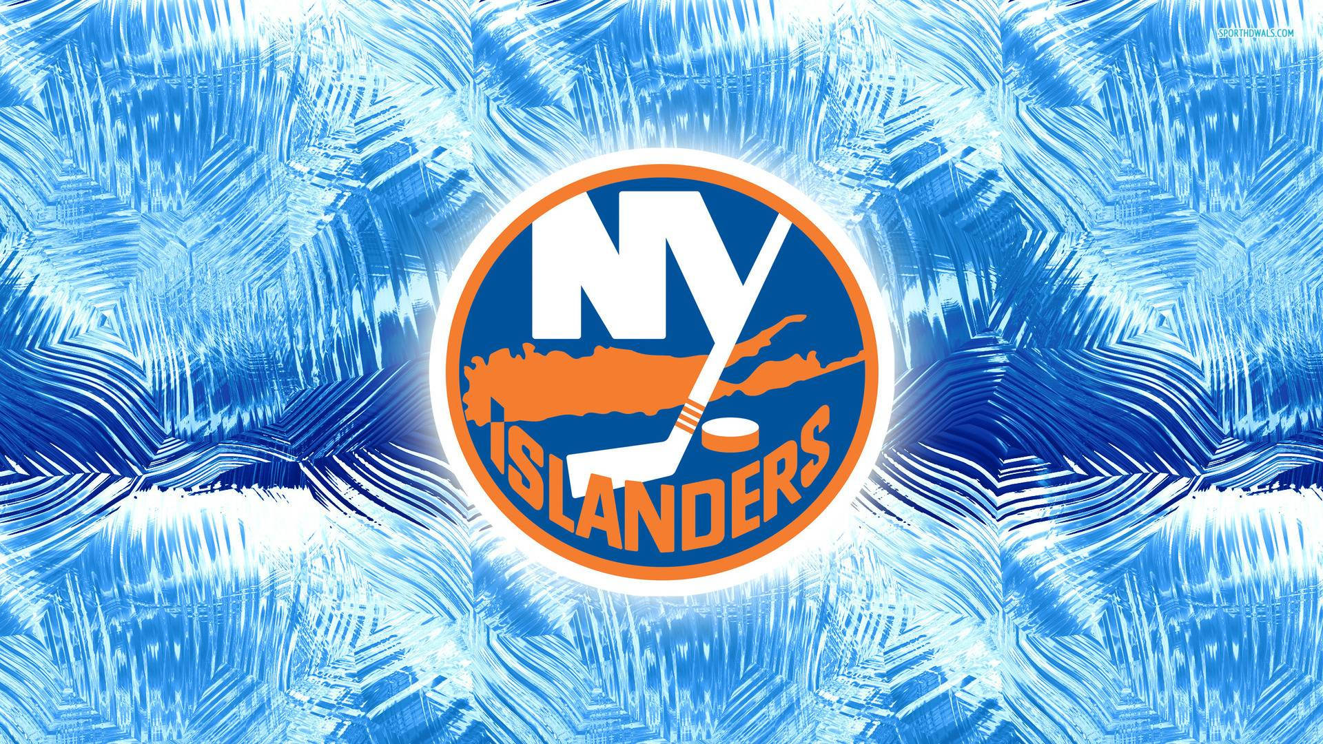 藍色冰面紐約島民隊藝術圖案 壁紙 — NY Islanders 標誌居中於帶有結晶圖案的冰冷藍色背景上。