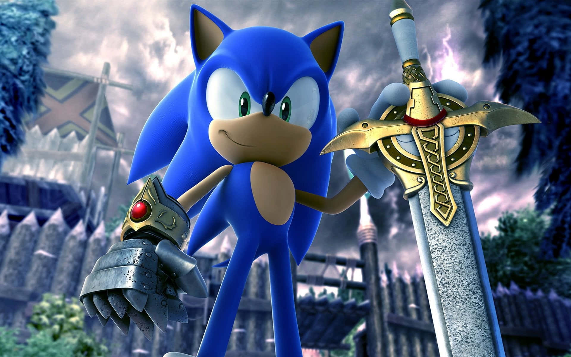 超音鼠 桌布 壁紙 — 藍色刺蝟 Sonic the Hedgehog 揮舞著金色劍和裝甲護手，背景是風暴中的城堡。