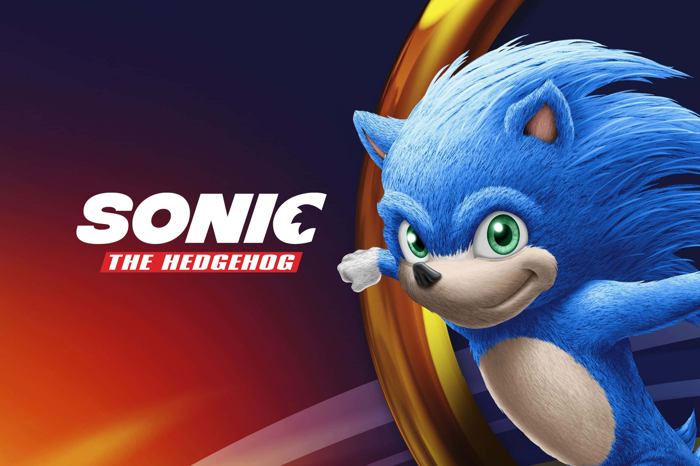 超音鼠 桌布 壁紙 — 藍色刺蝟 Sonic the Hedgehog 微笑著高速穿過金色圓環，背景是火焰漸變色。