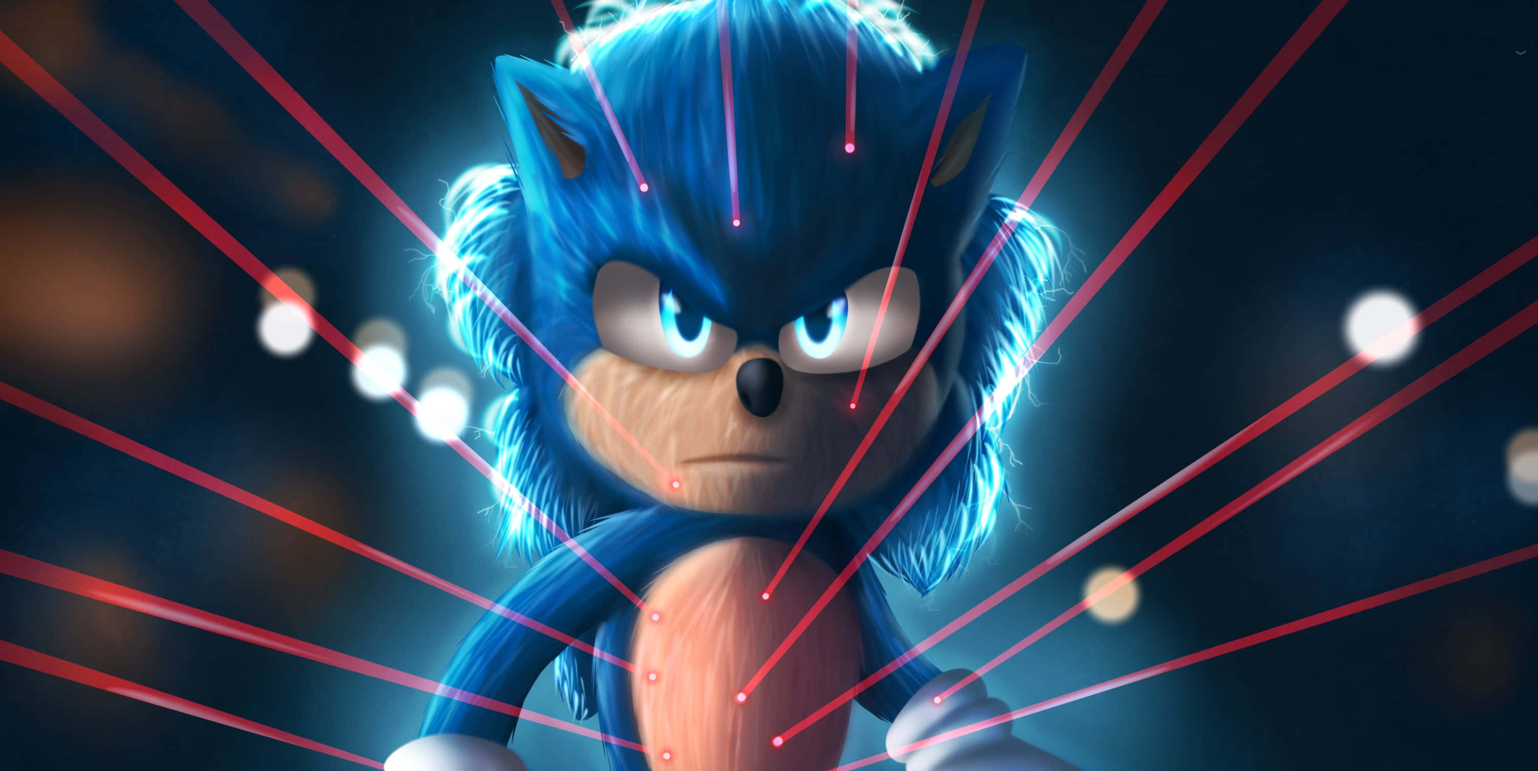 Sonic City Escape 桌布 壁紙 — 藍色刺蝟，眼睛發光，頭部放射出紅色激光束，背景為深色。