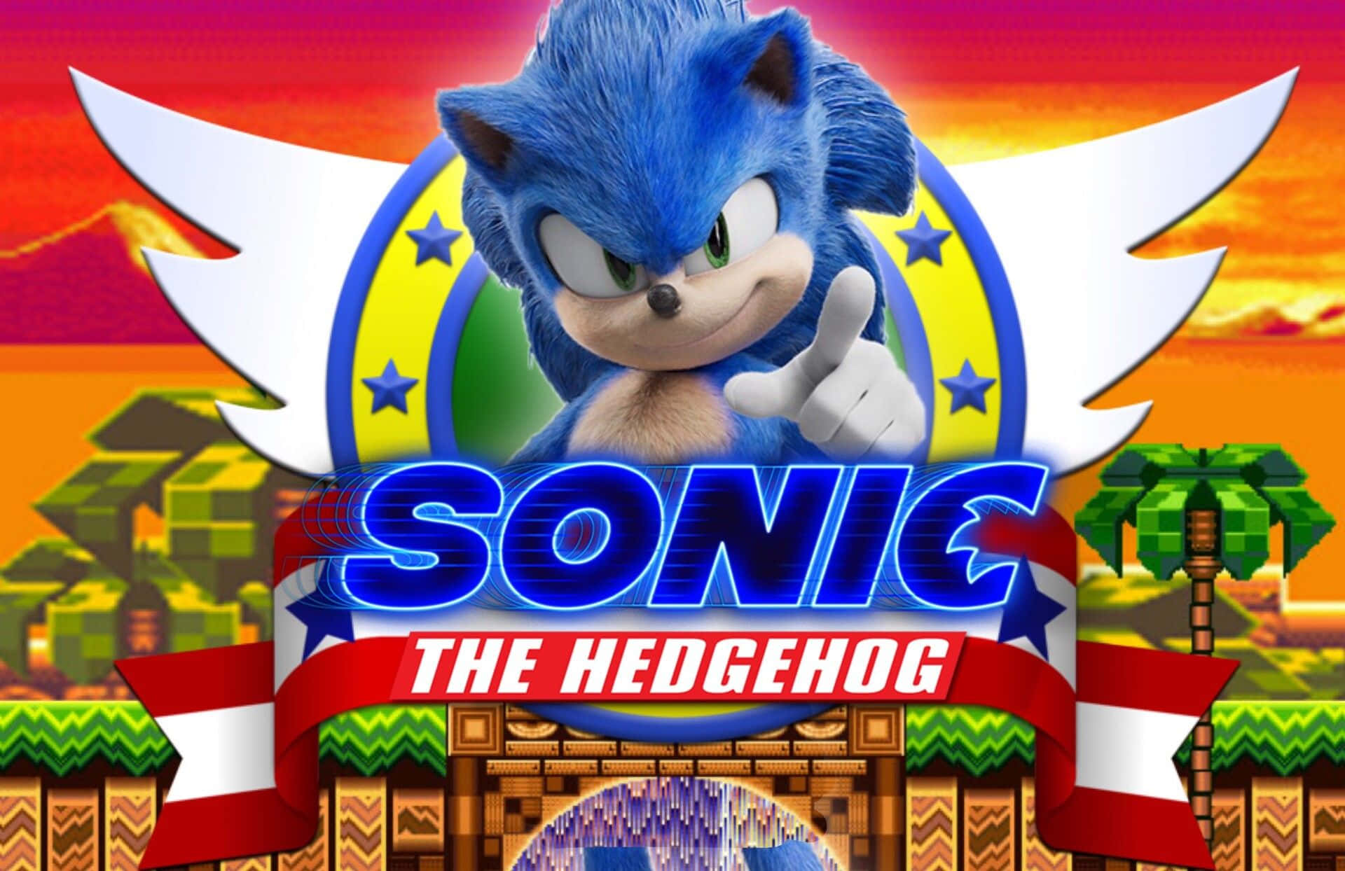 超音鼠 桌布 壁紙 — 藍色刺蝟Sonic the Hedgehog喺充滿活力嘅日落背景下豎起拇指，背景有像素化嘅叢林同城堡元素。