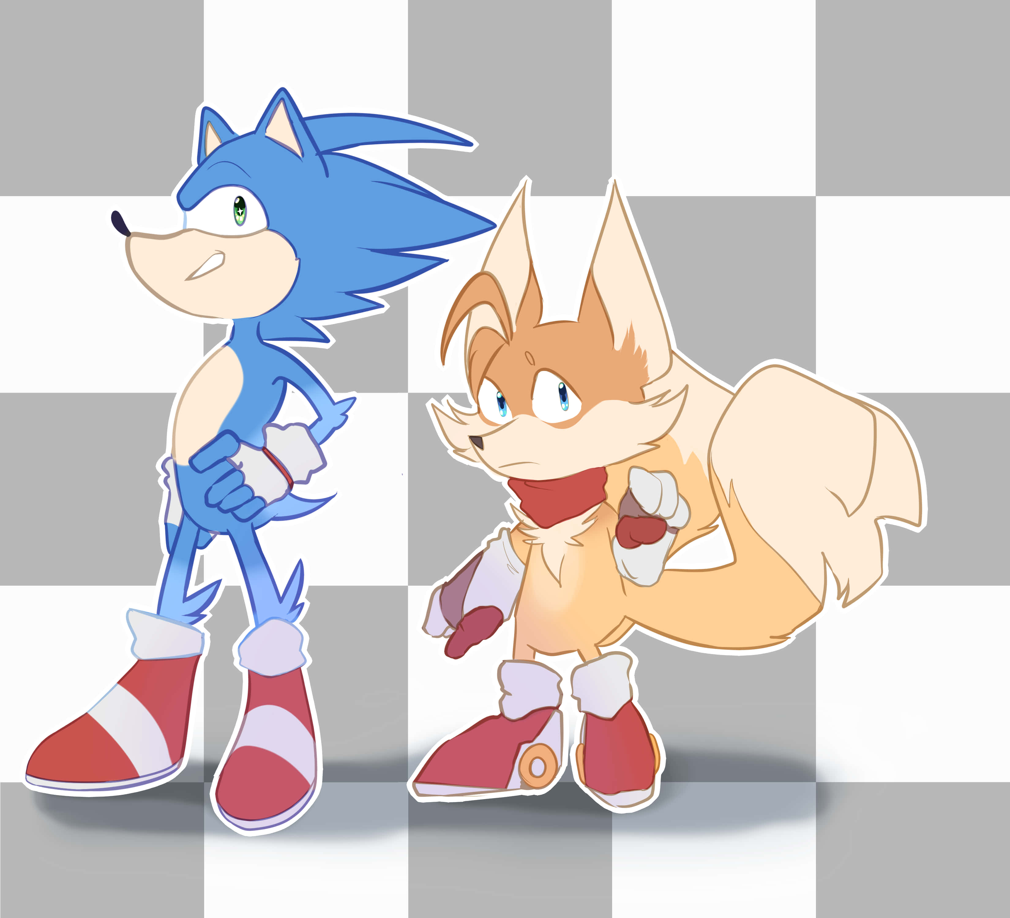 Sonic And Tails 桌布 壁紙 — 藍色刺蝟和橙色狐狸以經典電子遊戲姿勢，站在灰色和白色格仔背景前。