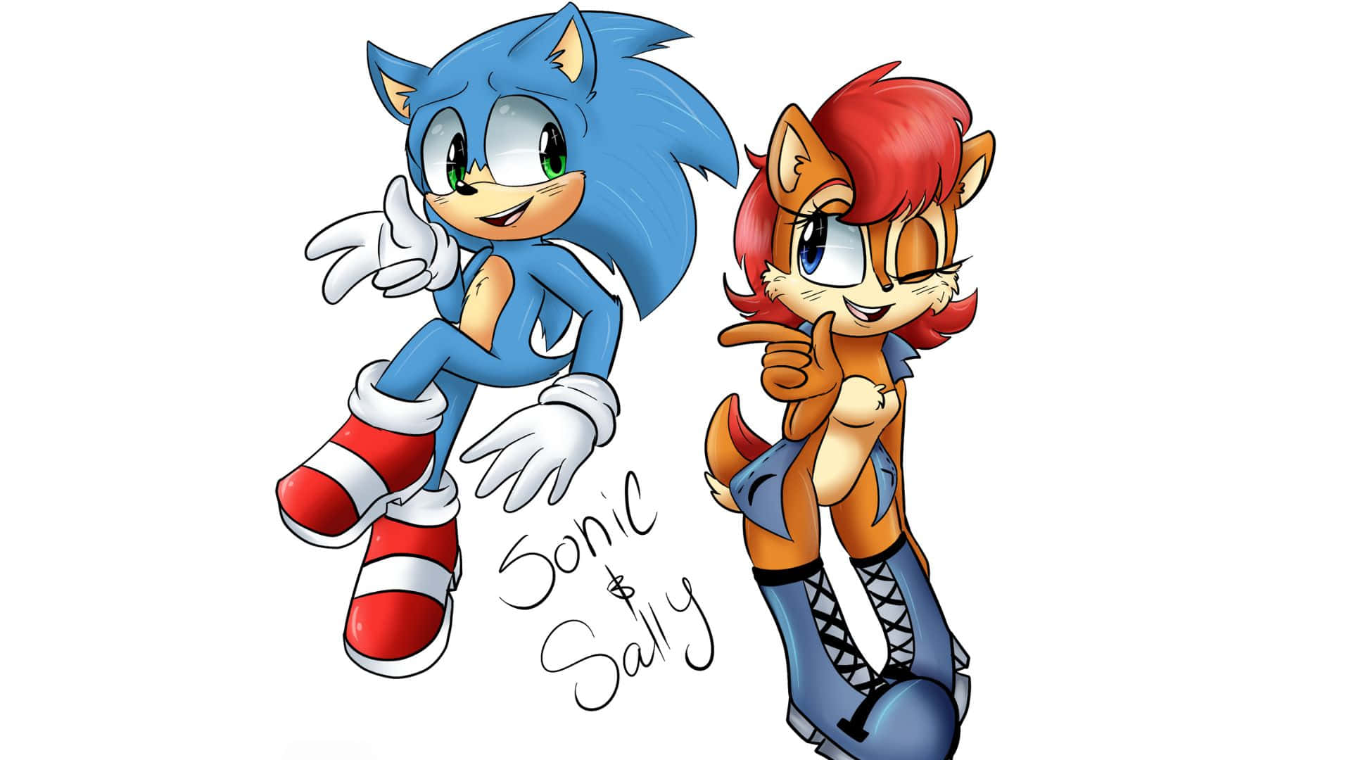 Sonic And Sally 桌布 壁紙 — 藍色刺蝟索尼克和紅色狐狸莎莉在純白背景前愉快地擺姿勢，下方手寫著他們的名字。