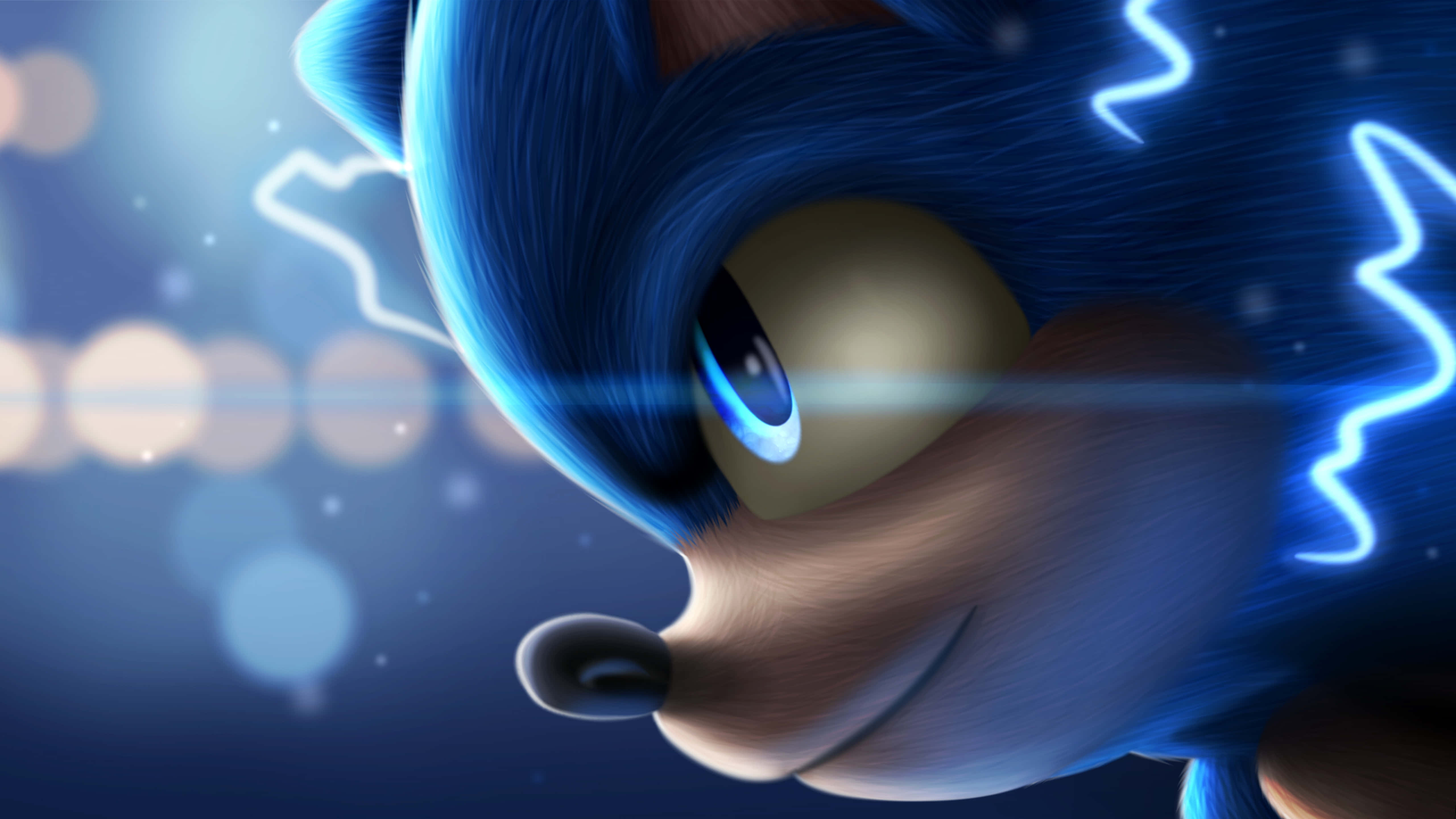Sonic Art 桌布 壁紙 — 藍色刺蝟索尼克嘅特寫，有發光嘅眼睛同電藍色能量條紋，背景係模糊嘅散景。