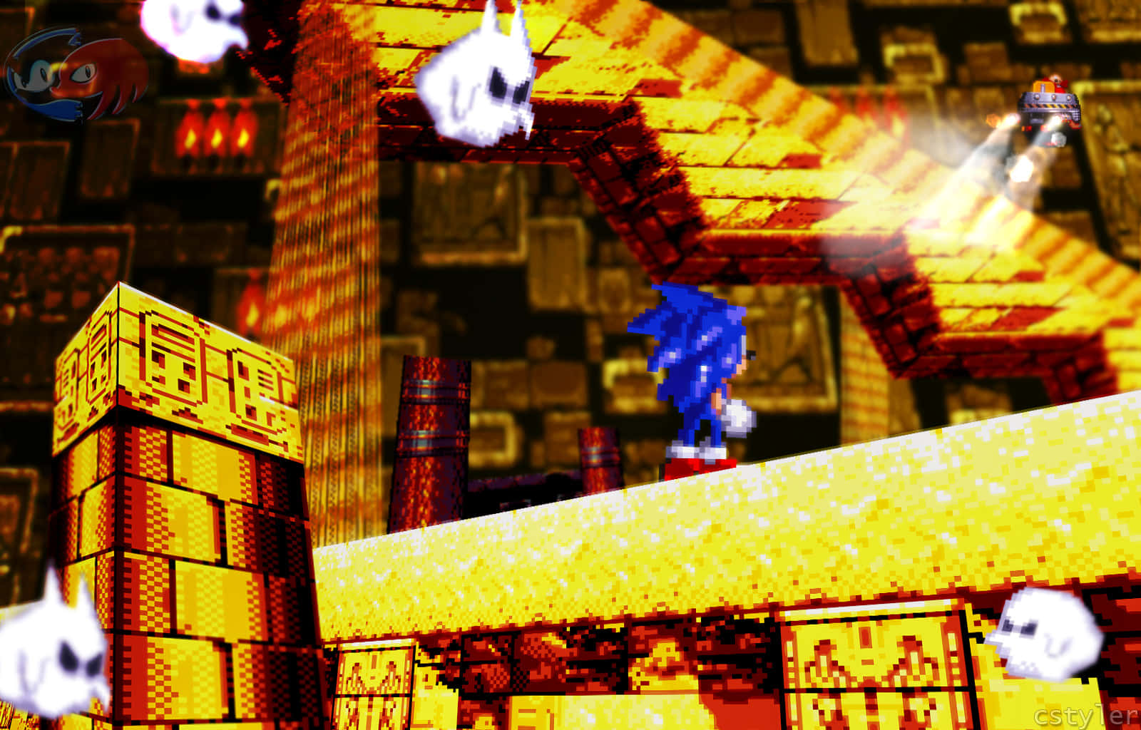 Sonic Marble Zone 桌布 壁紙 — 藍色刺蝟索尼克穿過一個火熱的像素關卡，其中有漂浮的頭骨和金色磚塊平台。