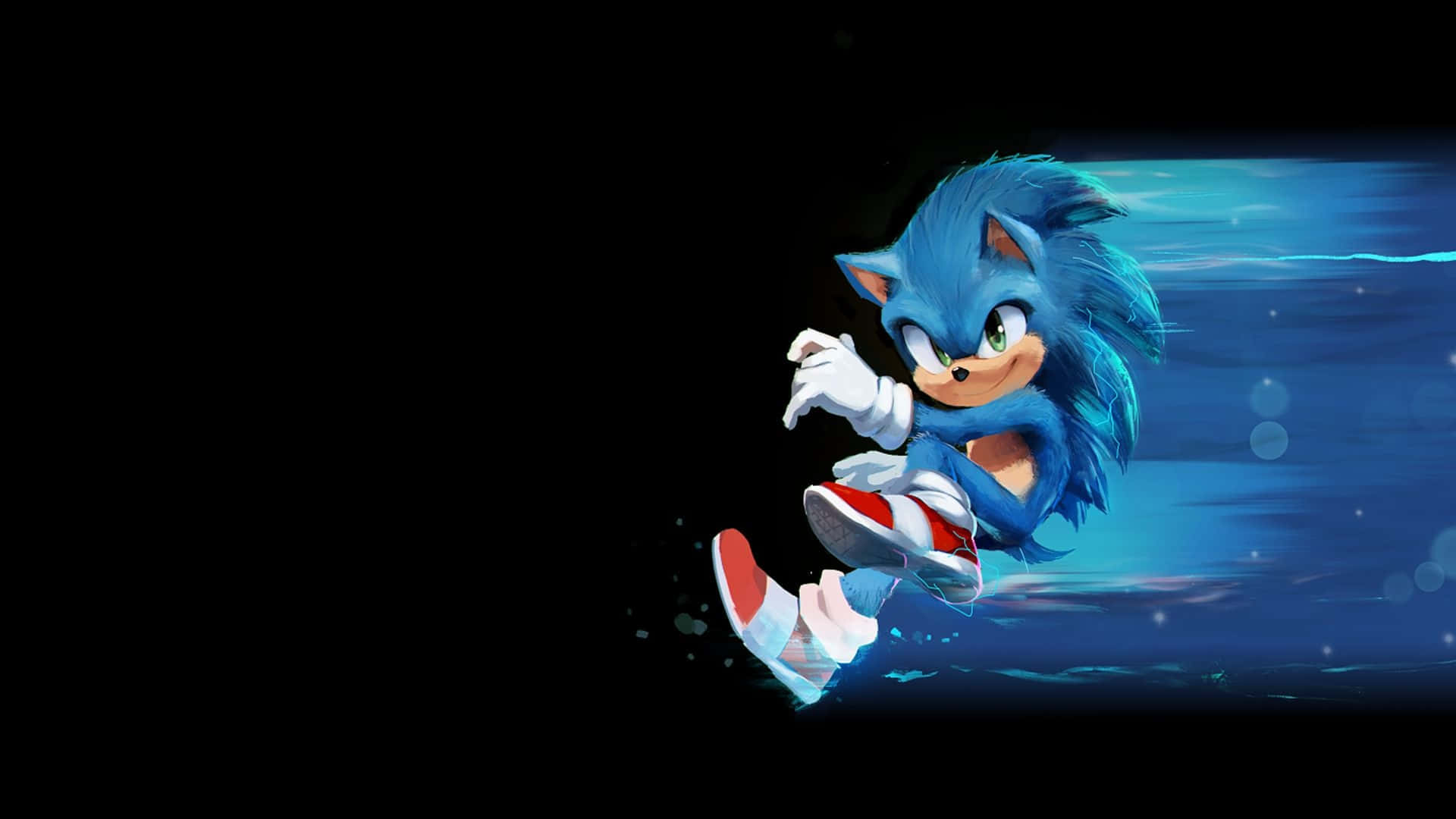 Sonic Art 桌布 壁紙 — 藍色刺蝟超音鼠在黑色背景上穿過發光的藍色隧道，帶有動態模糊效果。