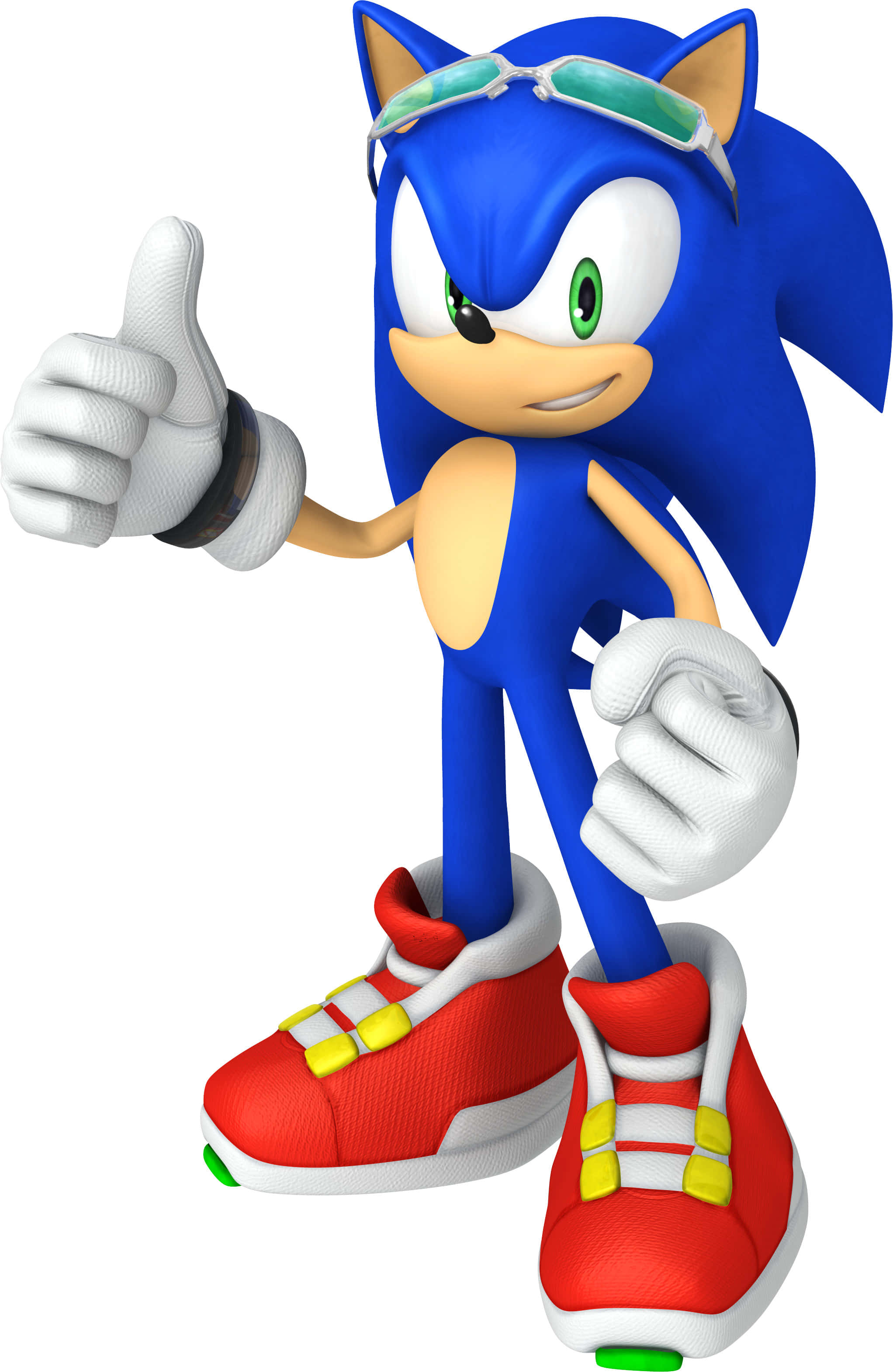 Modern Sonic 桌布 壁紙 — 藍色刺蝟超音鼠豎起大拇指，穿著紅色運動鞋和護目鏡，背景為白色。