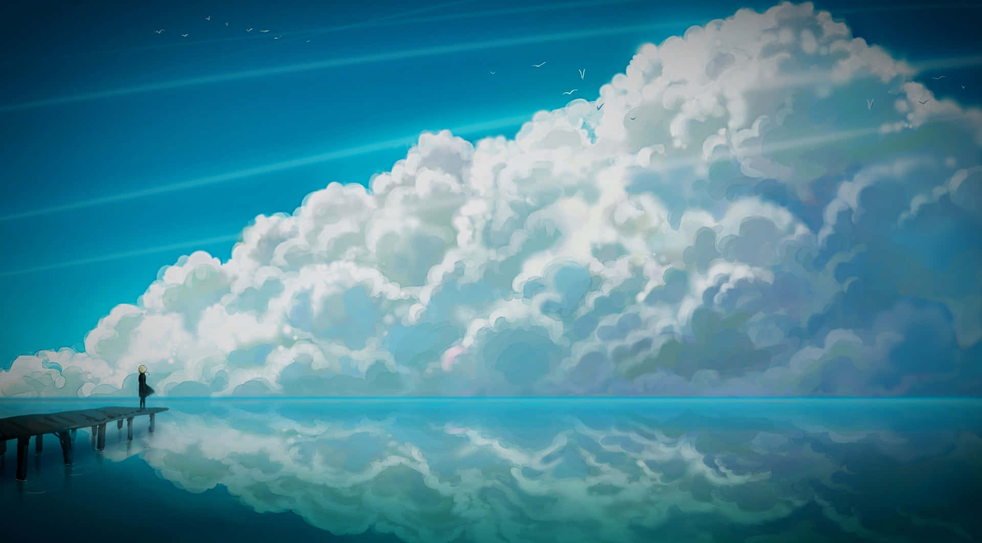 人站在碼頭上看著倒映在平靜水中的雲。