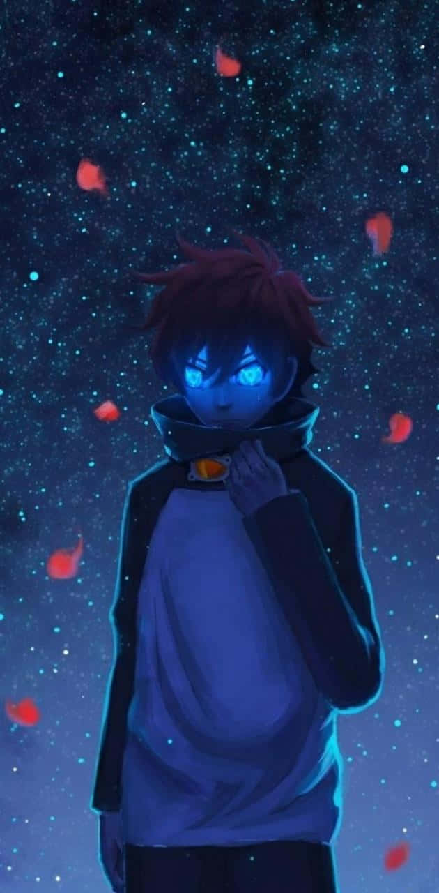 眼睛發光的動漫男孩在繁星點點的夜空下，漂浮著紅色花瓣。