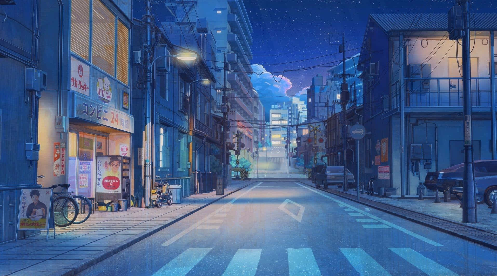藍色動漫背景：乾淨空曠的日本街道 壁紙 — 夜晚寧靜的日本街道，閃爍的商店招牌和濕漉漉的路面反射著星空和柔和的路燈。