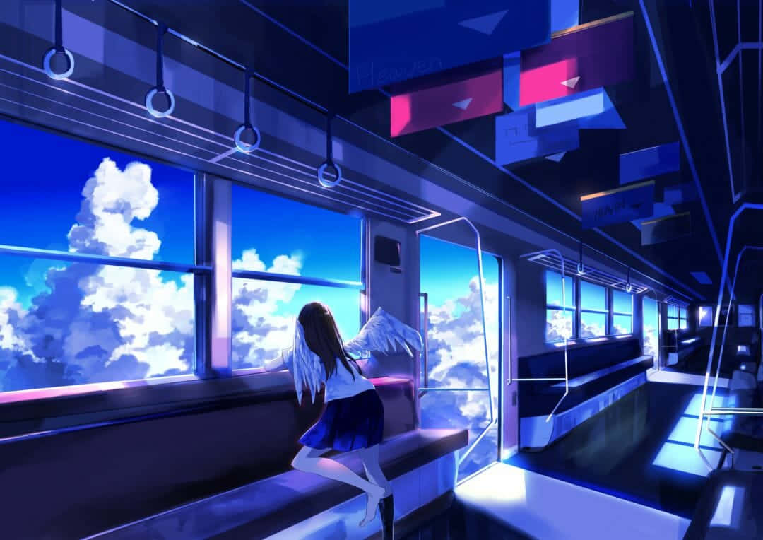 藍色動漫背景 女孩凝視火車窗戶 壁紙 — 一個擁有天使翅膀的女孩獨自坐在一列未來主義的火車上，漂浮在充滿蓬鬆雲朵的鮮豔藍天中。