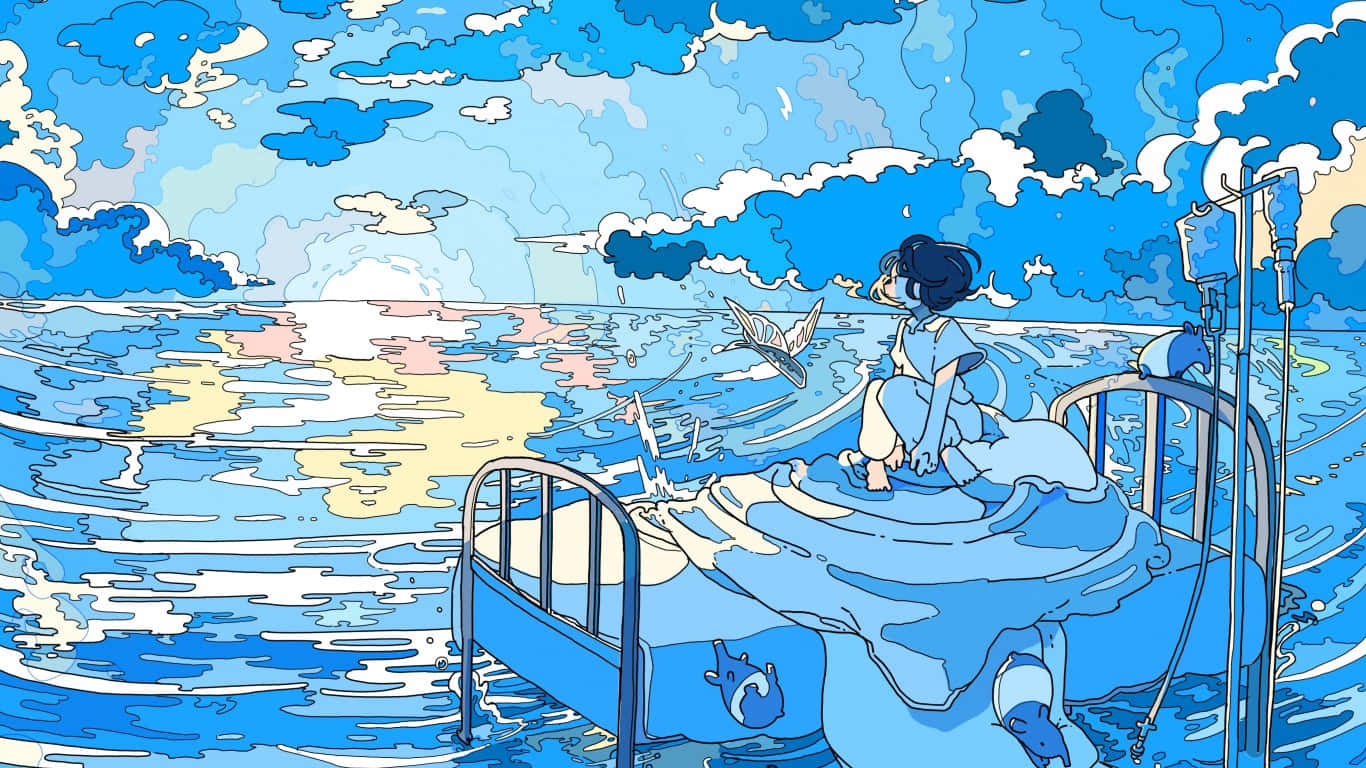 女孩在醫院床上漂浮在海洋上，藍天白雲有鳥