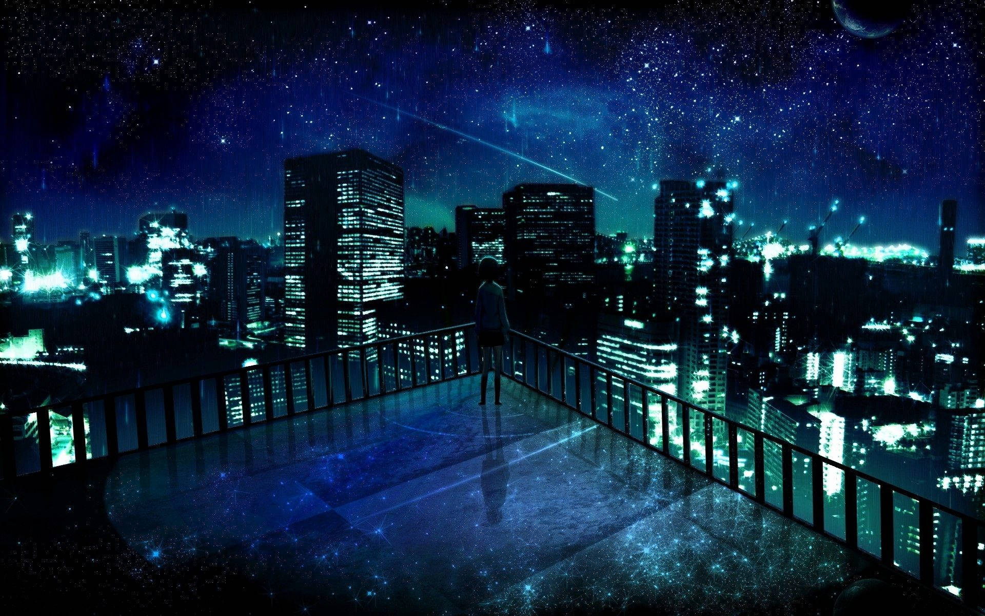 人站在屋頂上，凝視著星空下帶有宇宙效果的閃耀城市。