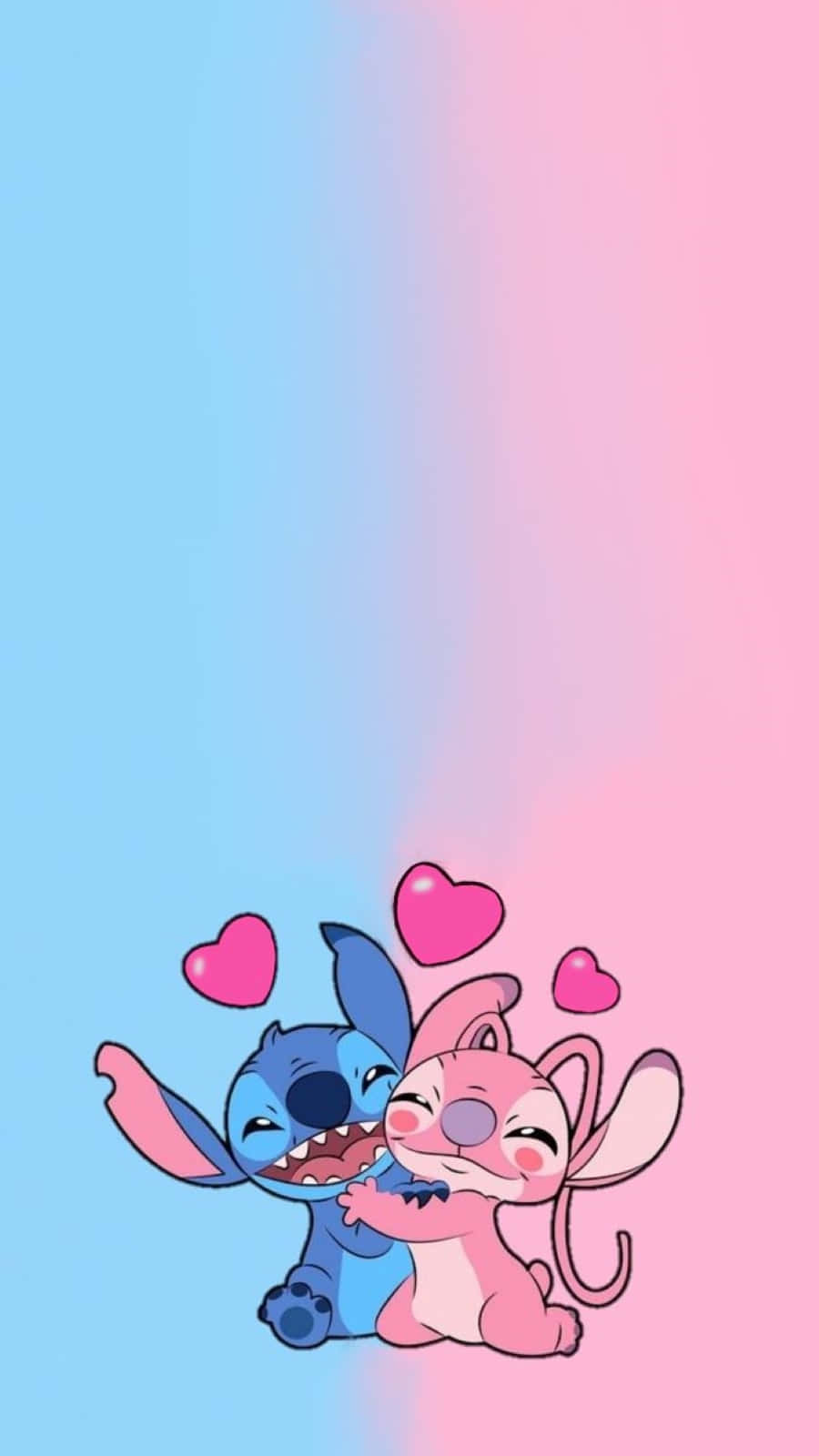 Love Stitch And Angel 桌布 壁紙 — 藍色史迪仔同粉紅色安琪攬埋一齊，周圍有心形漂浮，背景係柔和嘅藍粉漸變色。