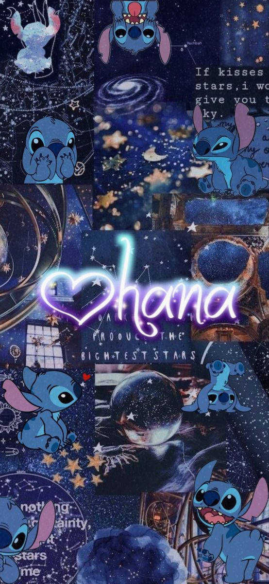 Aesthetic Disney 桌布 壁紙 — 藍色史迪奇角色的拼貼畫，背景是星空宇宙，帶有發光文字和天體元素。