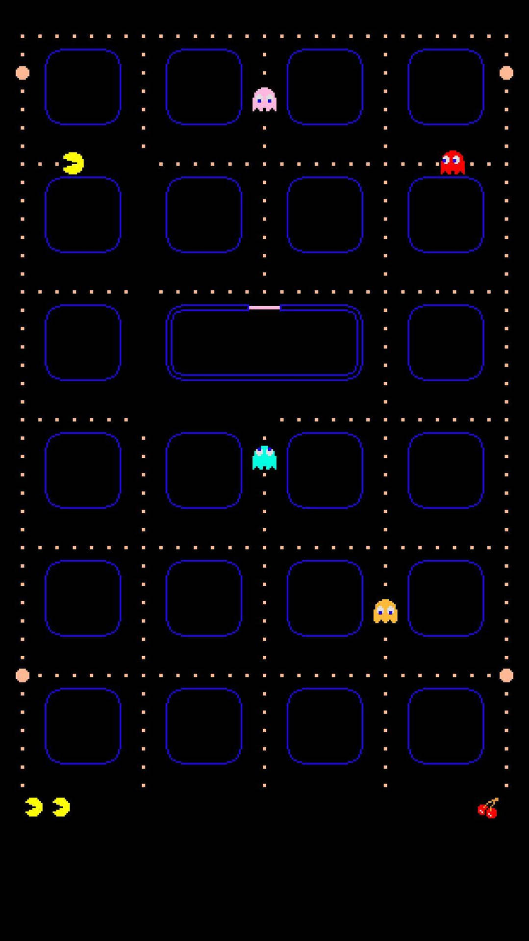 復古 Pacman 遊戲，黃色 Pacman 和彩色鬼魂在藍色迷宮中。