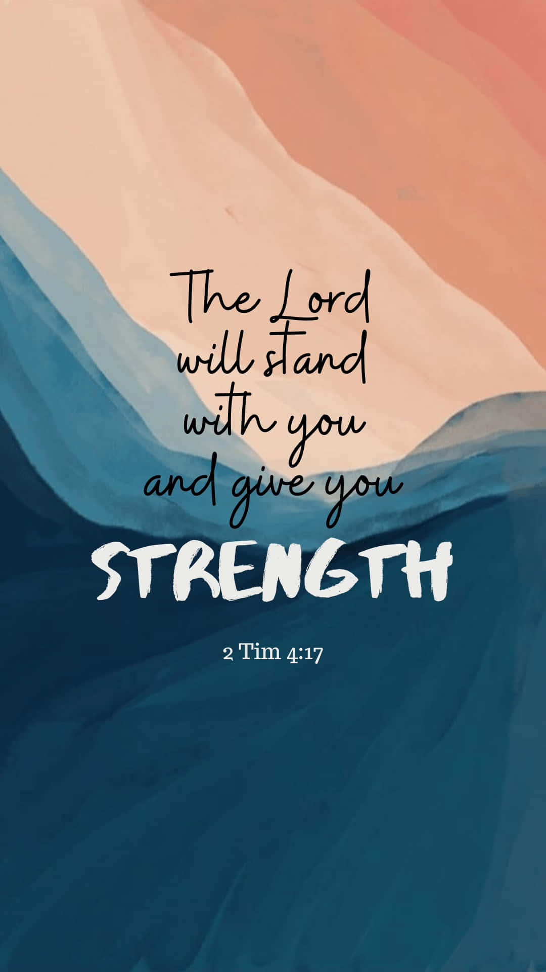 Cute Bible Verse 桌布 壁紙 — 藍色和桃色的水彩抽象背景，上面有聖經經文提摩太後書4:17，以優雅的手寫體和粗體白色文字呈現。