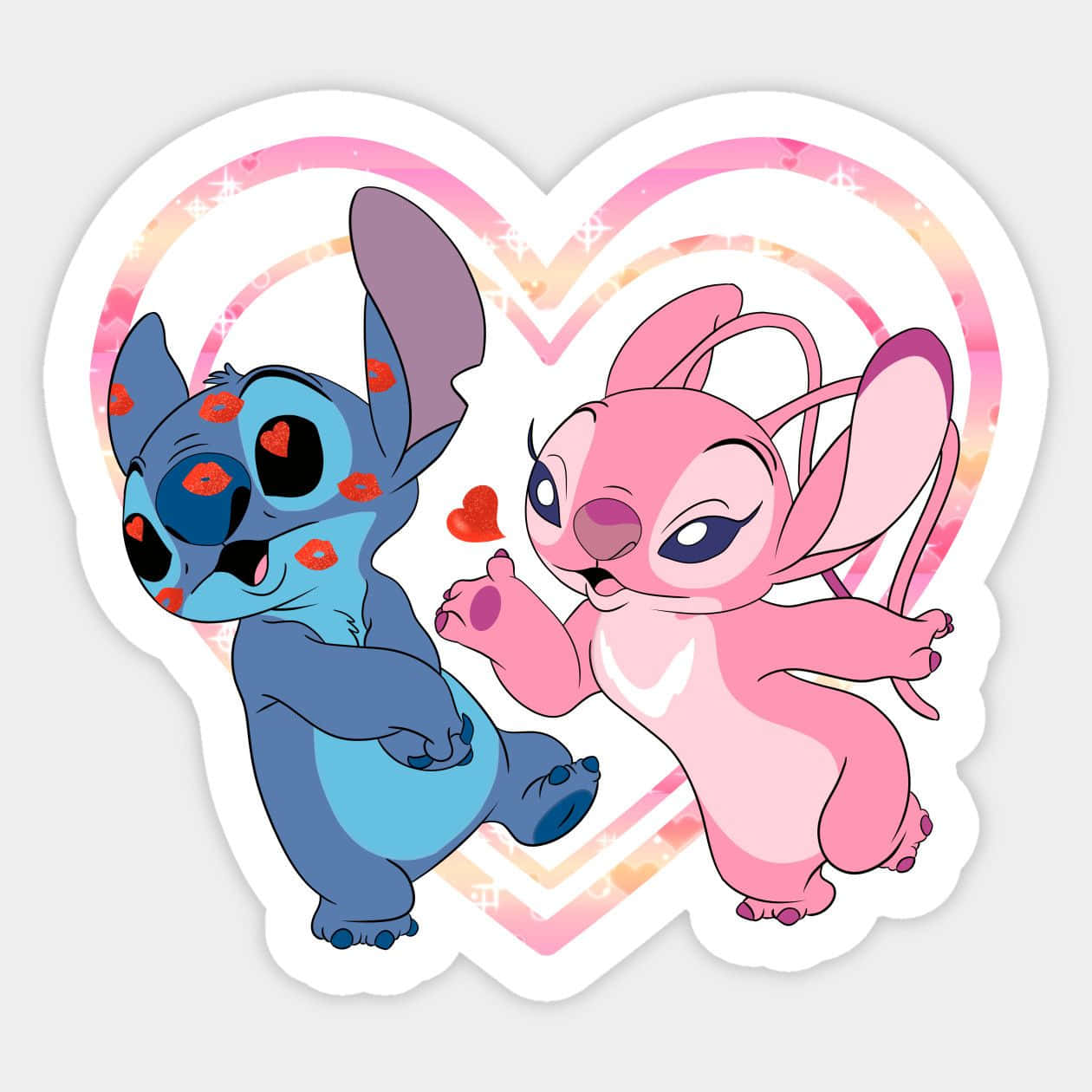 Love Stitch And Angel 桌布 壁紙 — 藍色和粉紅色的史迪仔角色在一個帶有閃粉粉紅和橙色漩渦的心形框架內擁抱。