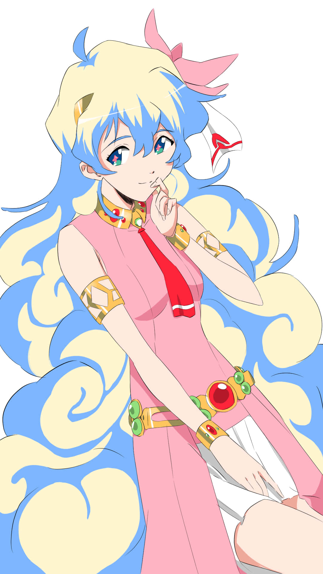 Nia Teppelin 桌布 壁紙 — 藍色和金色頭髮的動漫女孩穿著粉紅色連衣裙，在旋轉的雲朵背景前將手指放在嘴唇上擺姿勢。